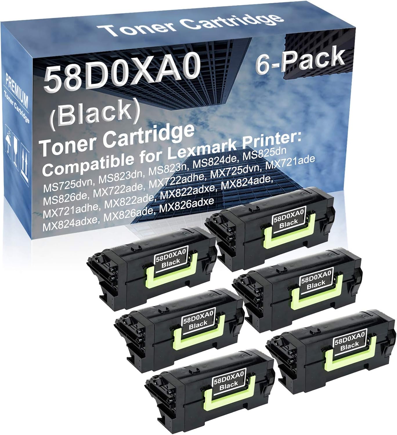 6-Pack Compatible High Capacity 58D0XA0 Printer Cartridge use for MX722ade, MX722adhe, MX725dvn, MX721ade, MX721adhe, MX822ade Printer (Black)
