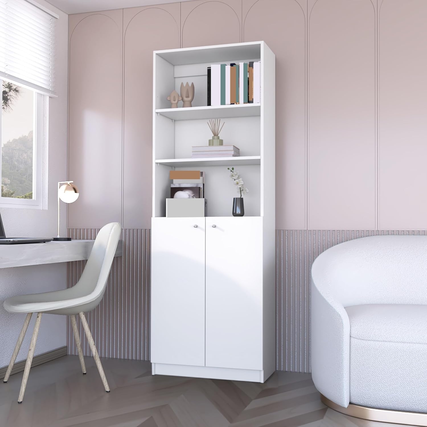 2-Door Bookcase, Tall Storage Cabinet, Storage with Multi-Level Shelves and Double Door Design,for Kitchen Home