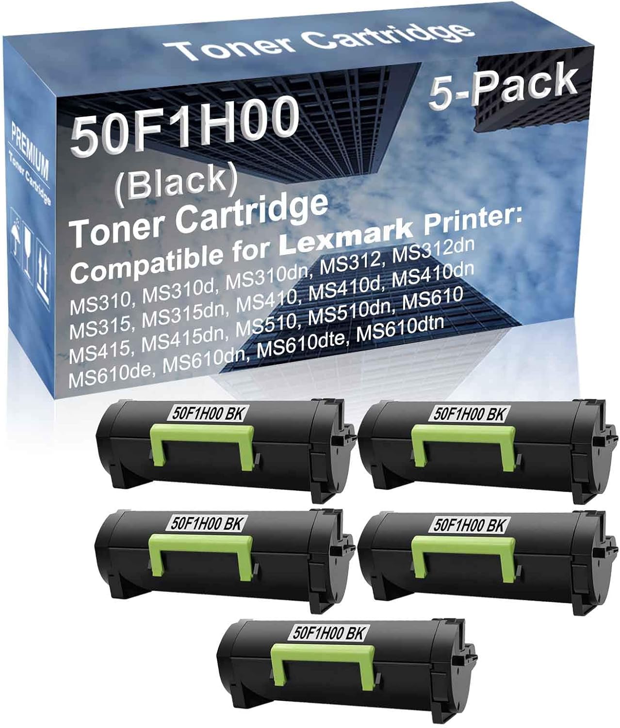 5-Pack Compatible High Capacity MS510, MS510dn, MS610, MS610de, MS610dn, MS610dte, MS610dtn Printer Toner Cartridge Replacement for 50F1H00 (501H) Printer Cartridge (Black)
