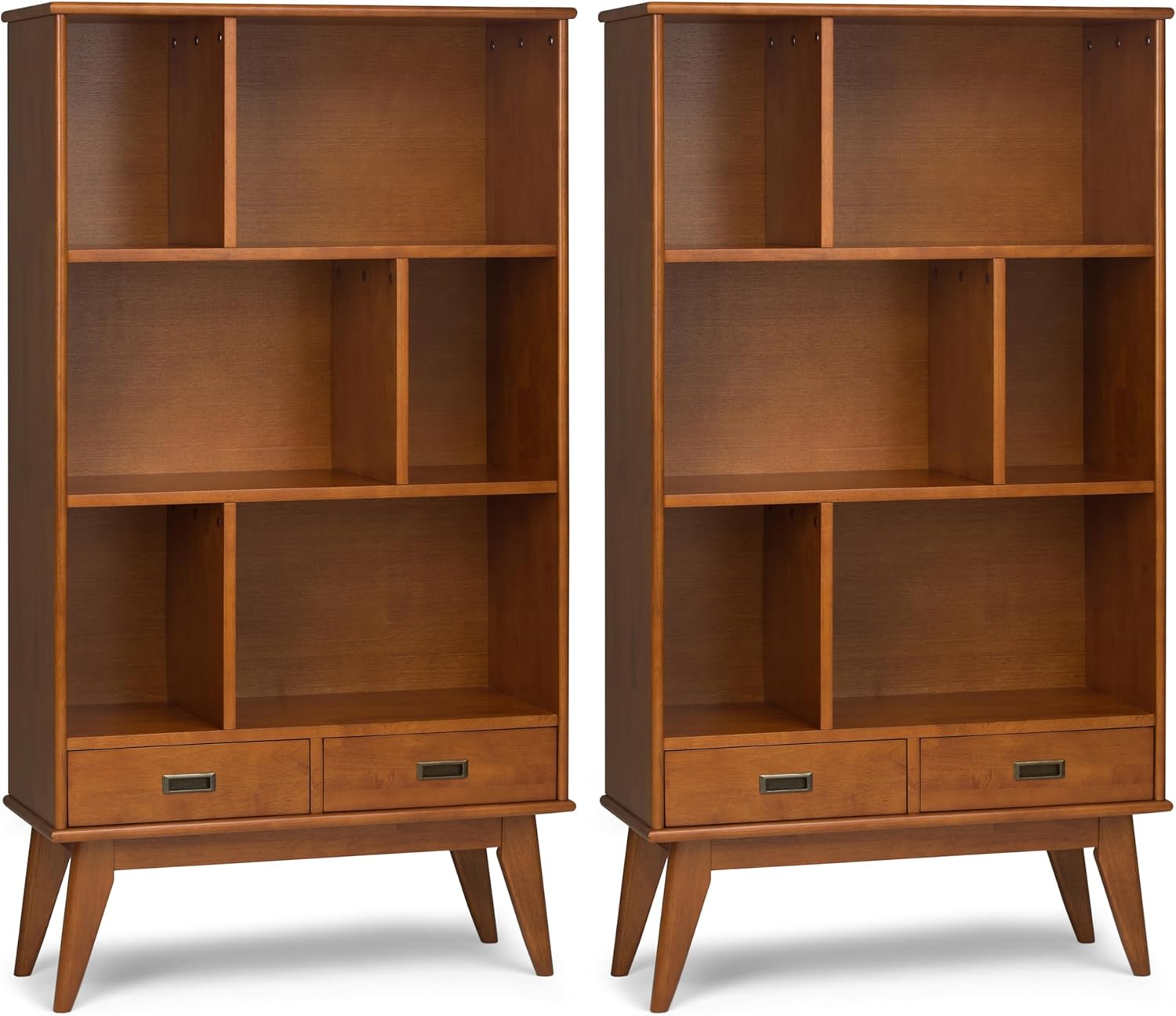 SIMPLIHOME Draper 35 inch Mid-Century Modern 6 Cubbie Bookcase with Drawer (Set of 2) in Teak Brown for The Living Room, Study Room and Office