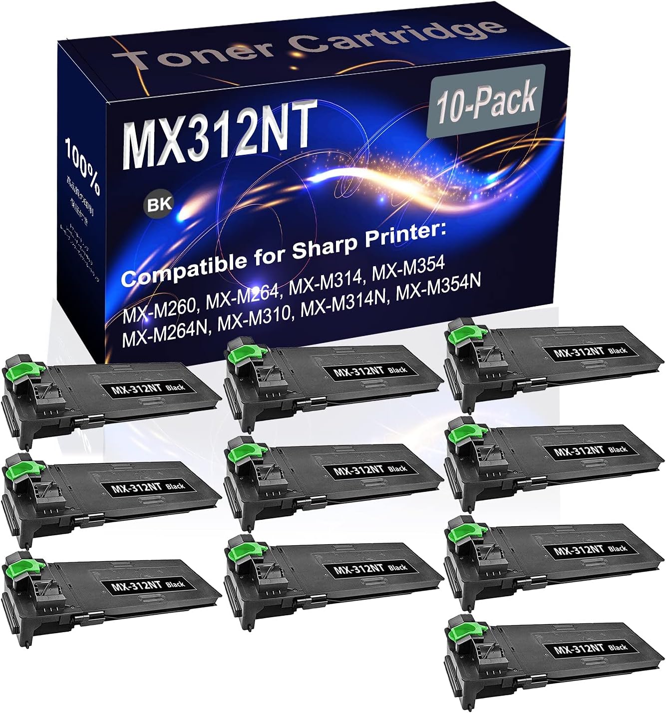 Kolasels 10-Pack (Black) Compatible High Yield MX312NT (MX-312NT) Printer Cartridge use for Sharp MX-M260 MX-M264 Printer