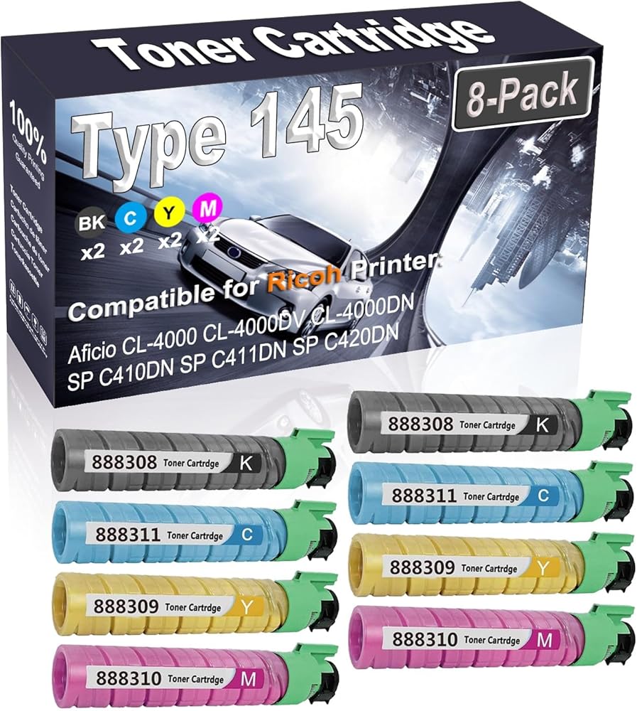 Kolasels 8-Pack (2BK+2C+2Y+2M) Compatible Aficio CL-4000 CL-4000DV Laser Toner Cartridge (High Capacity) Replacement for Ricoh Type 145 | 888308 888311 888309 888310 Printer Toner Cartridge