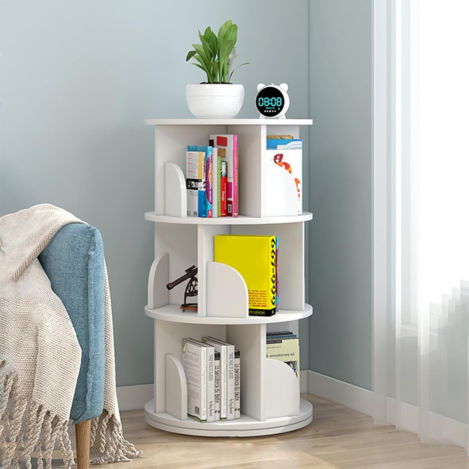 GaRcan Rotating Bookshelf Kids, 360 Rotating Bookshelf, Round Bookshelf Rotating, Corner Bookcase, 4- Tiers, for Living Room, Bedroom, Library, Home Office, White