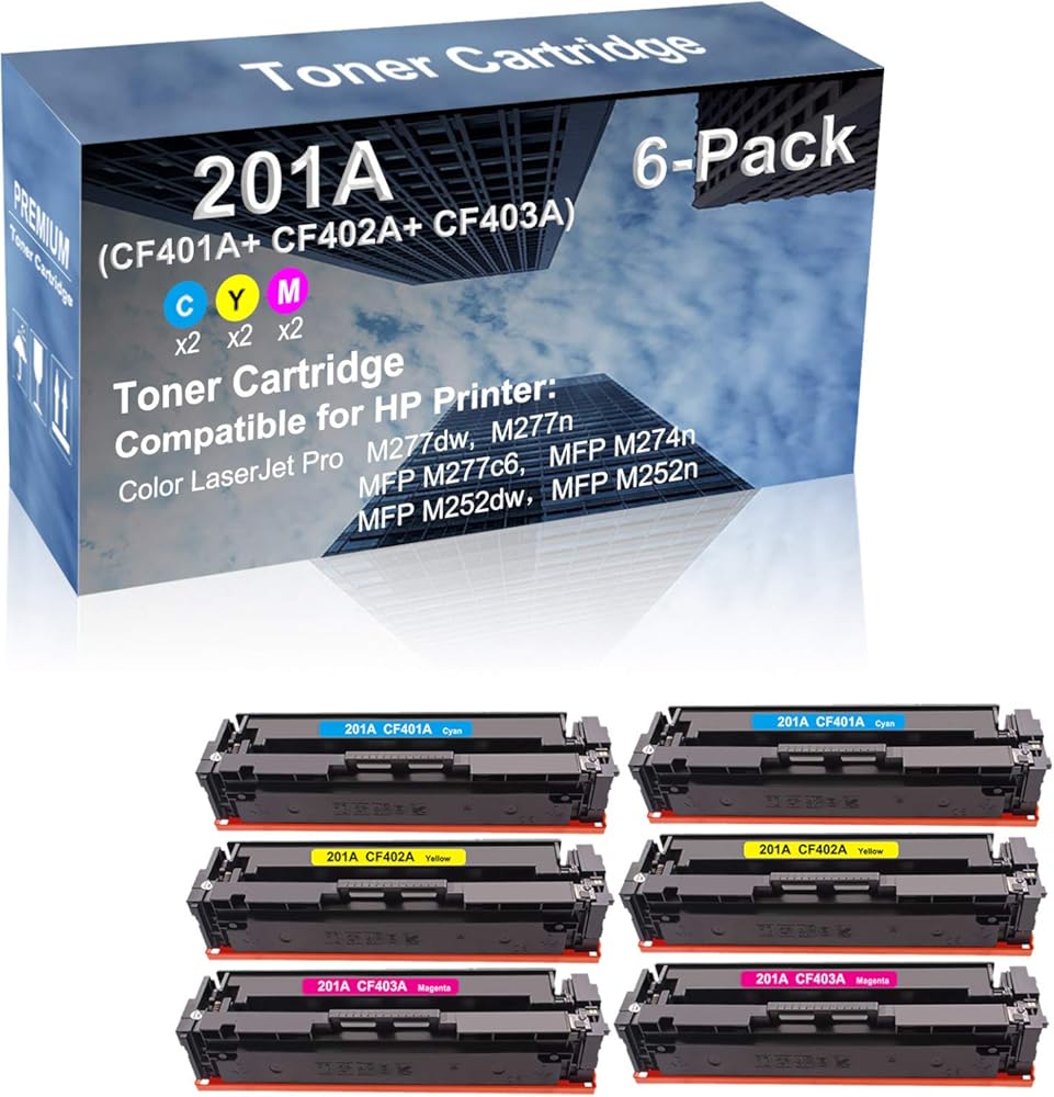 6-Pack (2C+2Y+2M) Compatible High Capacity 201A (CF401A+ CF402A+ CF403A) Toner Cartridge use for M277dw, M277n Printer