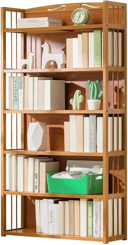 PAASHE 6-Tier Bookshelf Bamboo Floor Standing Bookcase Space Saving Rack Bookcase Open Shelving Bookshelves for Home/Office Bedroom