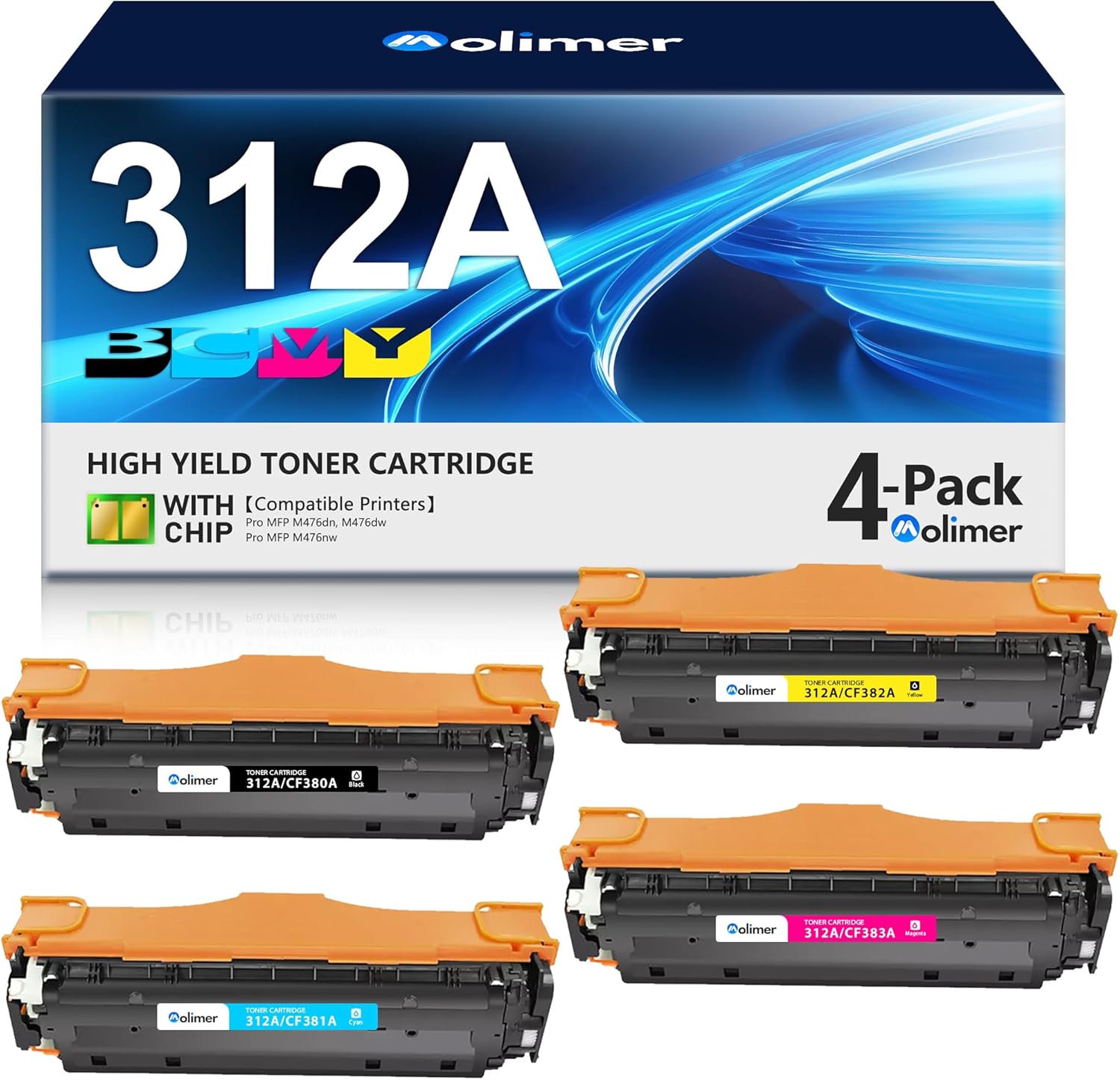 312A Toner Cartridges with Chip Compatible Replacement for HP 312A CF380A CF380A CF382A CF383A Toner for Color Laserjet Pro MFP M476dn M476dw M476nw Printer (BK C M Y, 4 Pack)