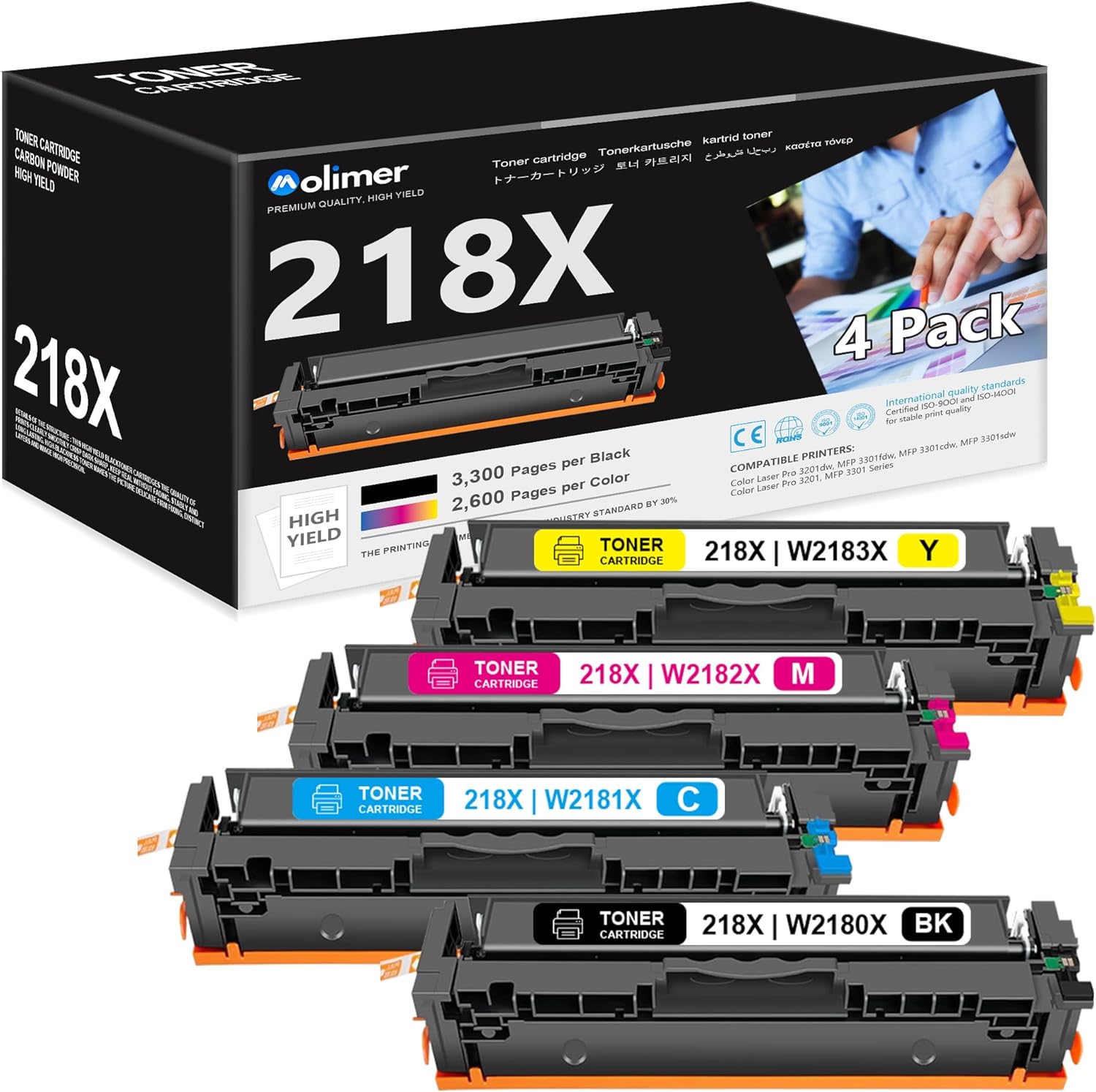 MOLIMER 218X Toner Cartridges 4 Pack , with Chip Replacement for HP 218X 218X Work for Color Pro MFP 3301fdw 3201dw 3301sdw 3301cdw Printer | W2180X W2181X W2182X W2183X (BK/C/M/Y)