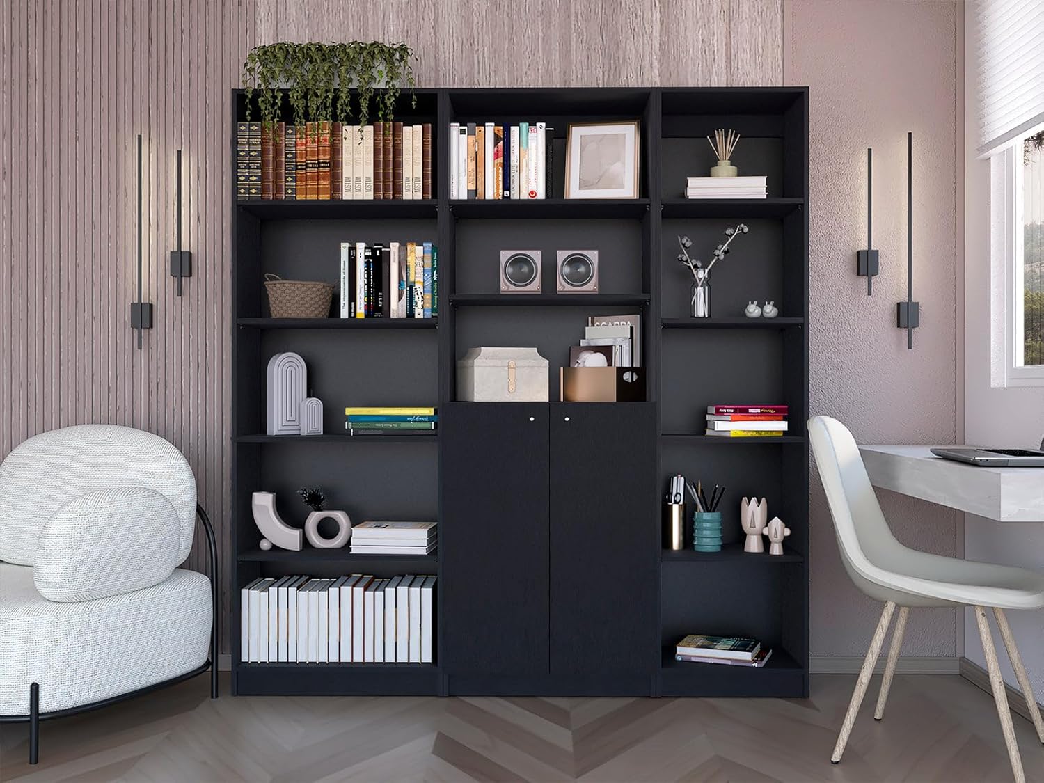 Warren Black 3 Piece Living Room Set - Modern Bookcase Set for Home Office or Study