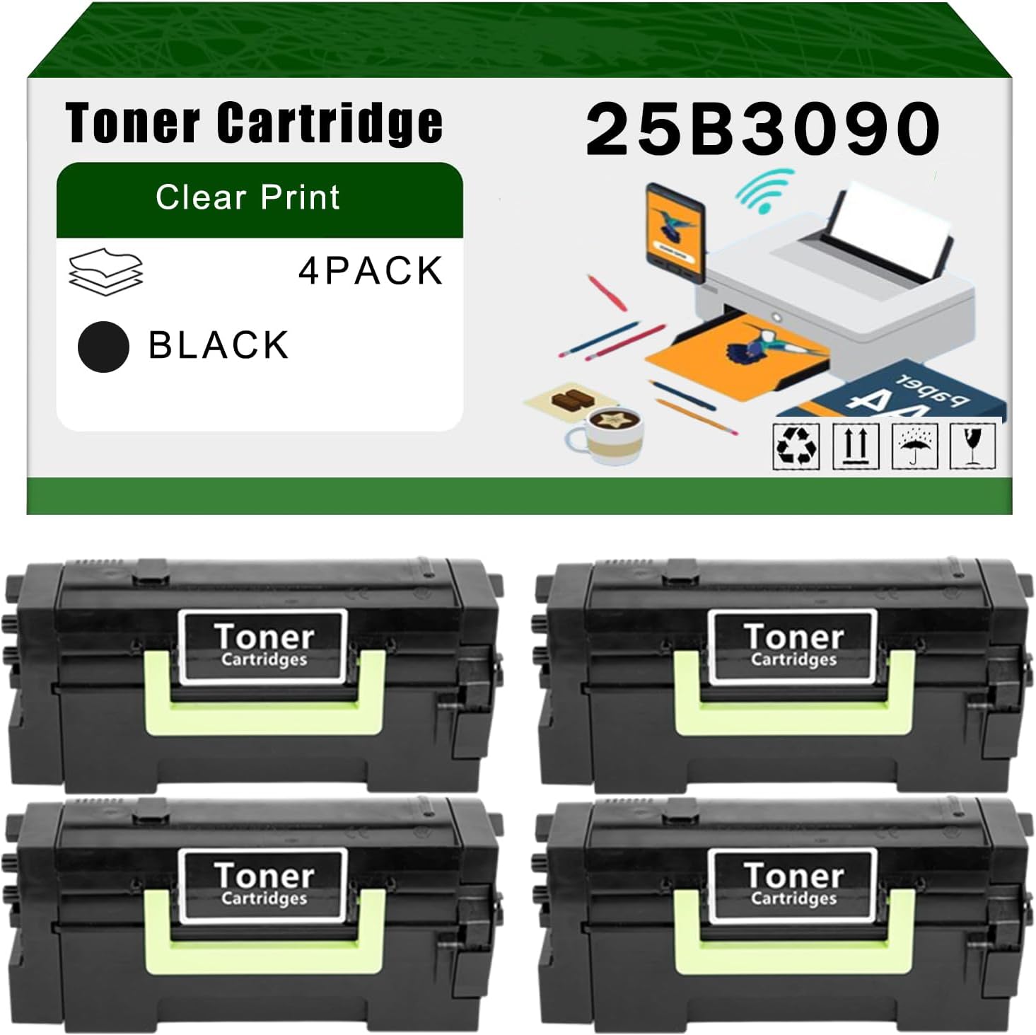 Compatible for Lexmark 25B3090 Toner Cartridge XM7370 Printers, High Yield 55000 Pages Bright Clear Colors (4 Pack Black)