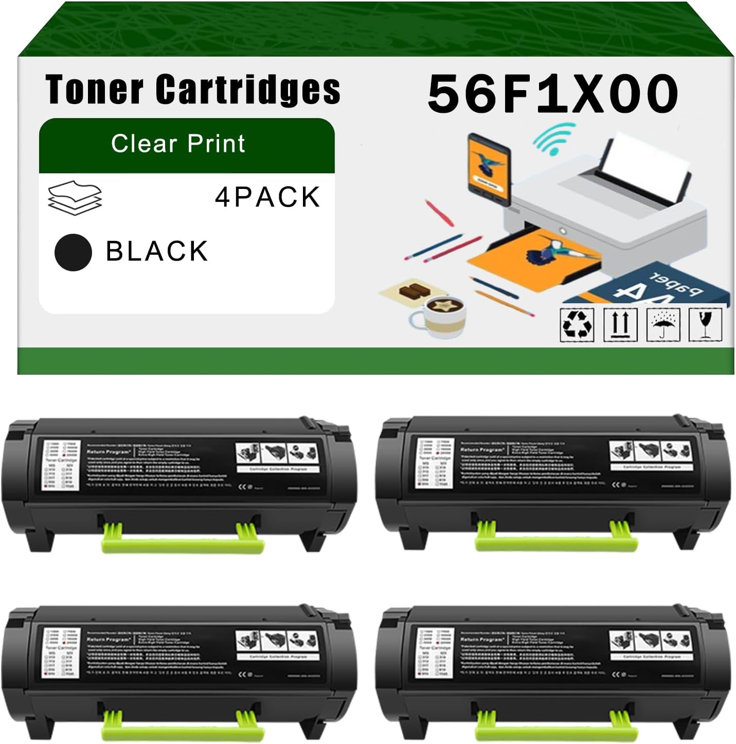 Compatible for Lexmark 56F1X00 Toner Cartridges MX421ade MX521de MX521ade MX522adhe MX622ade MX622adhe Printers, High Yield 30000 Pages Bright Clear Colors (4 Pack Black)