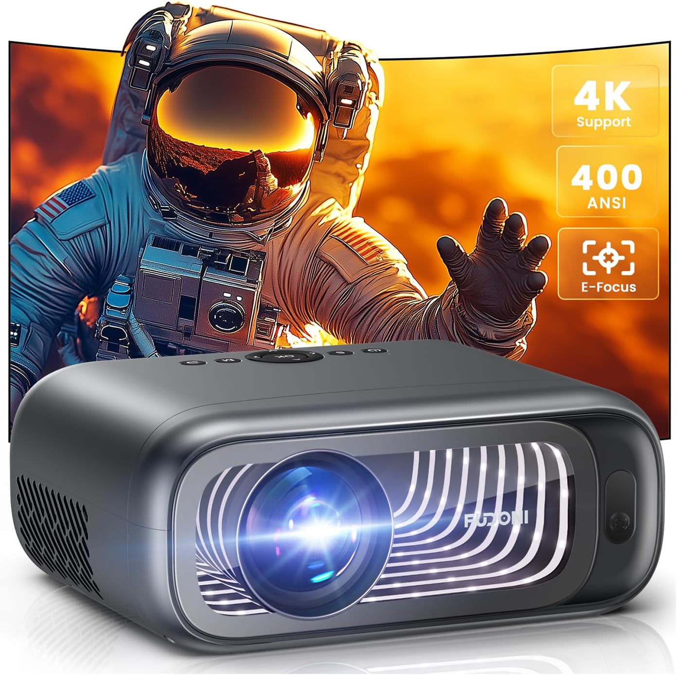 [Electric Focus/High Brightness] FUDONI Projector with WiFi and Bluetooth, Native 1080P Real 400 ANSI Lumen, Outdoor Movie Projector Max 300'' Display, for iOS/Android/TV Stick/HDMI/USB/Laptop