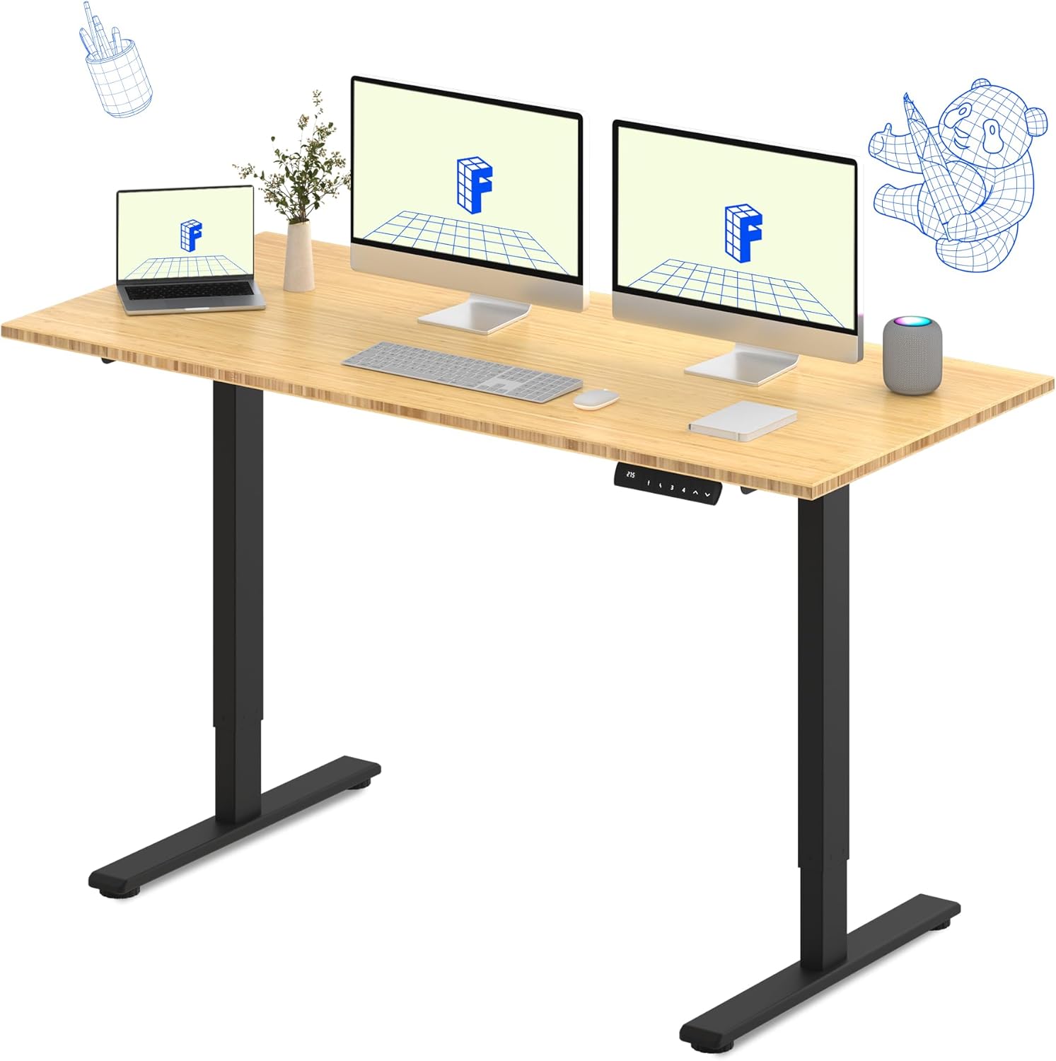 FLEXISPOT E3 Bamboo Dual Motor 72 x 30 Electric Standing Desk Sit Stand Up Desk, Holds 220 lbs, Adjustable Height w/ Memory Presets, Solid Bamboo Desktop & Black Frame, Ships in 2 Boxes