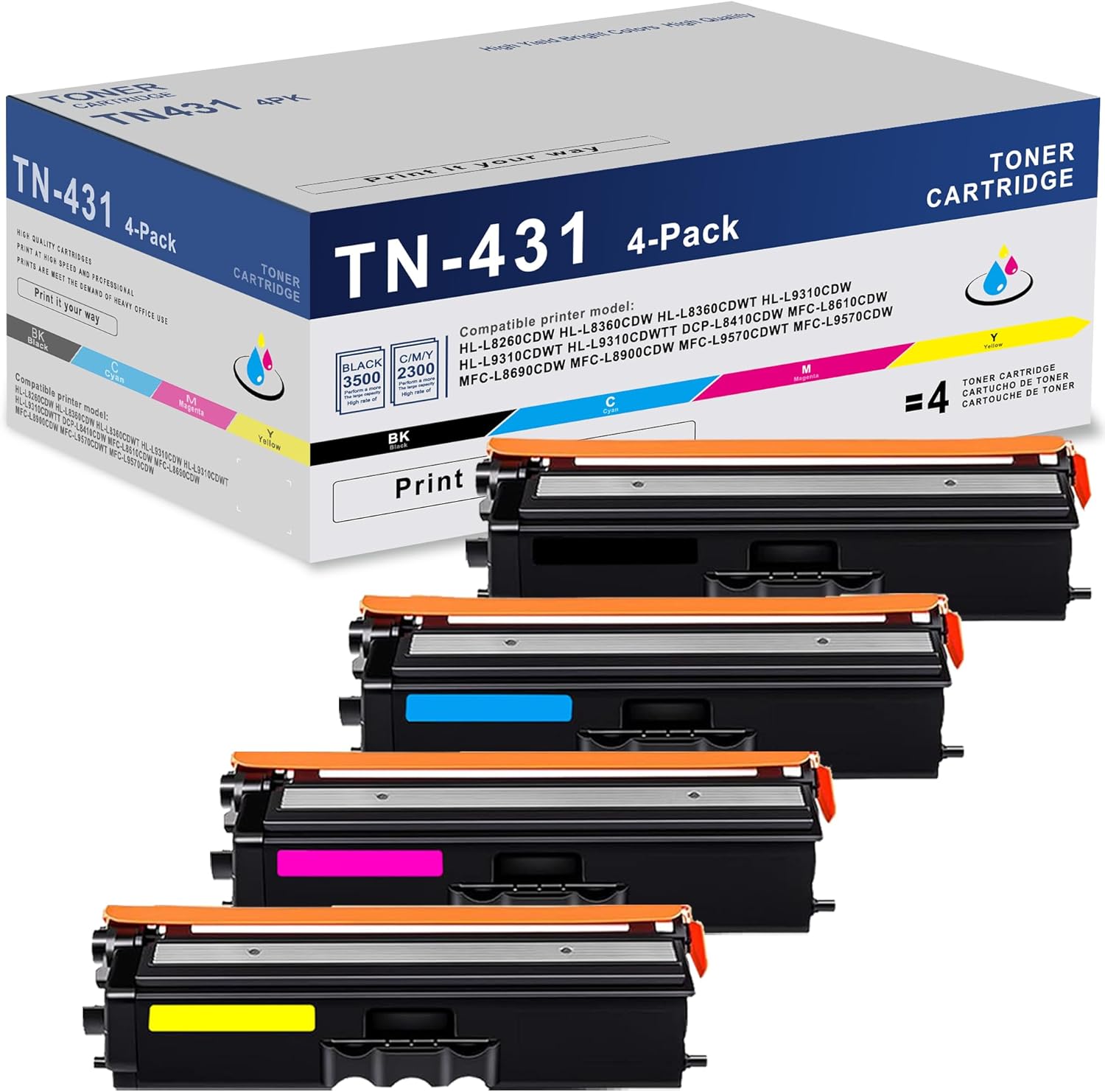 TN431 TN-431 Toner Cartridges 4 Pack: Replacement for Brother TN431BK TN-431 TN433 Toner for MFC-L8900CDW L9570CDWT HL-L8260CDW HL-L8360CDW L9310CDWT Printer Toner (TN431 4-Color Toner Cartridge Set)