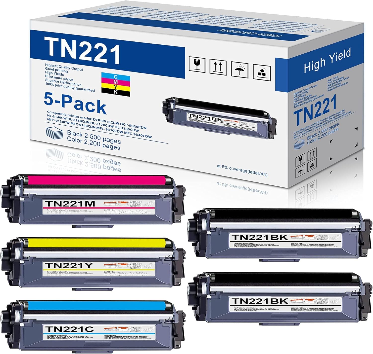 YOISNER TN221BK/C/M/Y Higher-Yield TN2215PK Compatible TN-221 TN 221Toner Cartridge Set Replacement for MFC-9130CW HL-3140CW HL-3170CDW HL-3180CDW MFC-9330CDW Color Printer