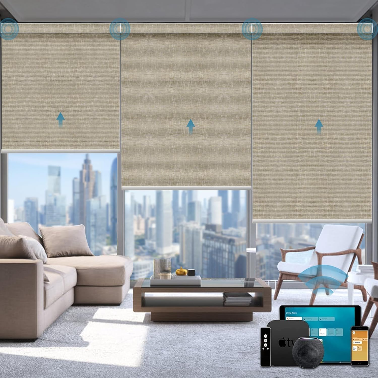 Weffort Motorized Window Shade Work with HomeKit, 100% Blackout Smart Blind, Automatic Cordless Blind for Windows with Valance, Electric Remote Control Blind for Home and Office, Texture Biscuit