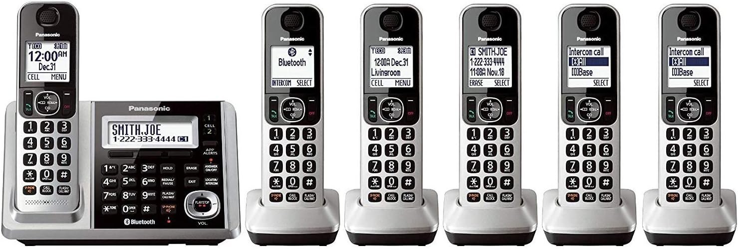Panasonic KX-TGF375S + 1 KX-TGFA30S Handset (6 Handsets Total) Bluetooth Cordless Phone System with Dual Keypad (KX-TGF370S + 5, KX-TGF372S + 4, KX-TGF373S + 3, KX-TGF374S + 2) (Renewed)