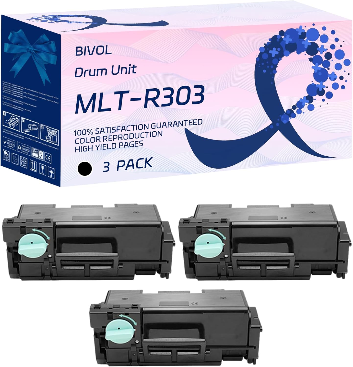 BIVOL MLT-R303 Drum Unit Compatible for Samsung ProXpress M4560FX M4580FX Printers, with Chip, High Yield 200000 Pages, Vivid Colors (3 Pack Black)