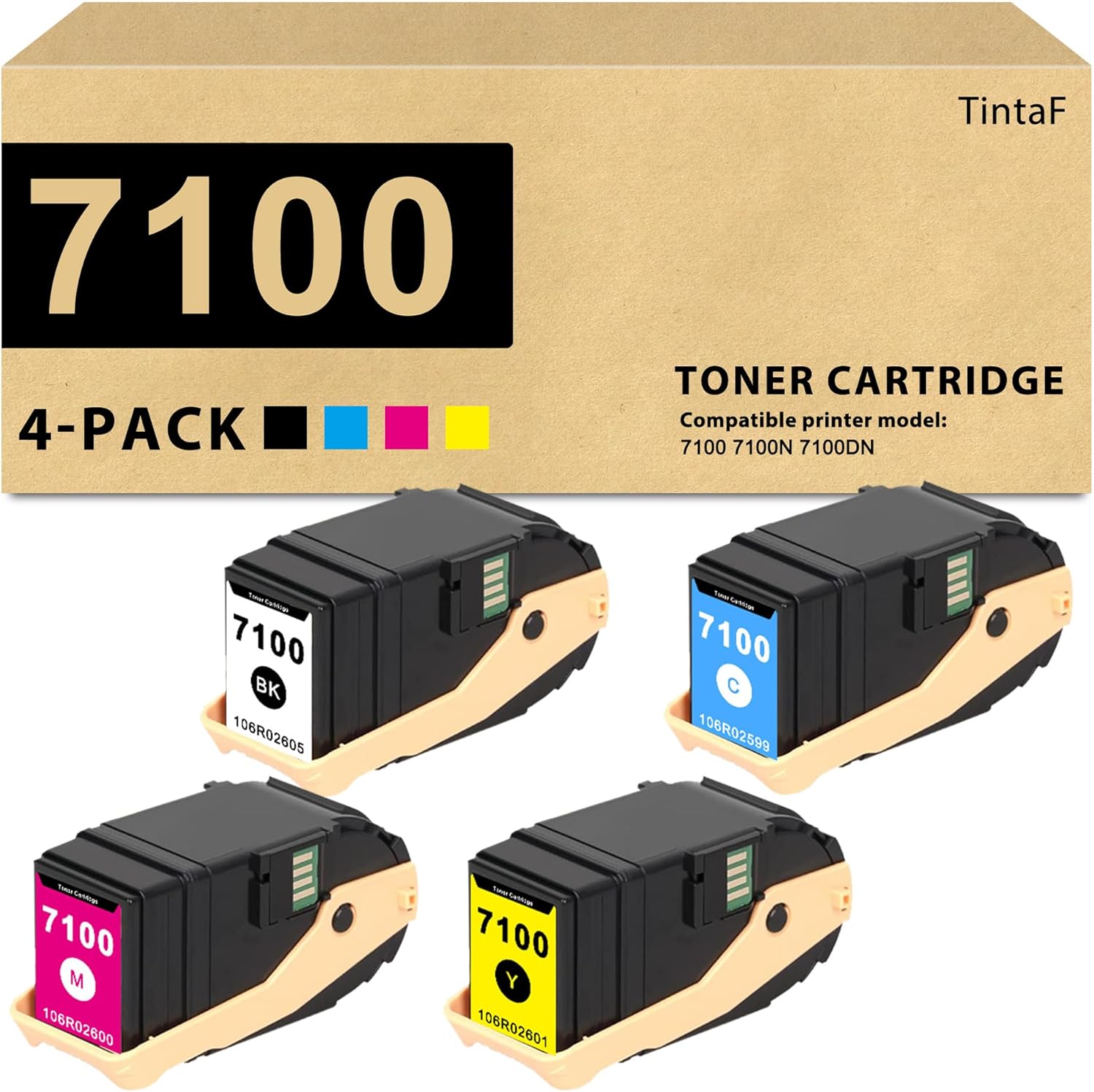 TintaF Phaser 7100 Toner Cartridge Replacement for Xerox 106R02605 106R02599 106R02600 106R02601 Cartridge Work with Phaser 7100 7100DN 7100N Printer (4-Pack, BK/C/M/Y)
