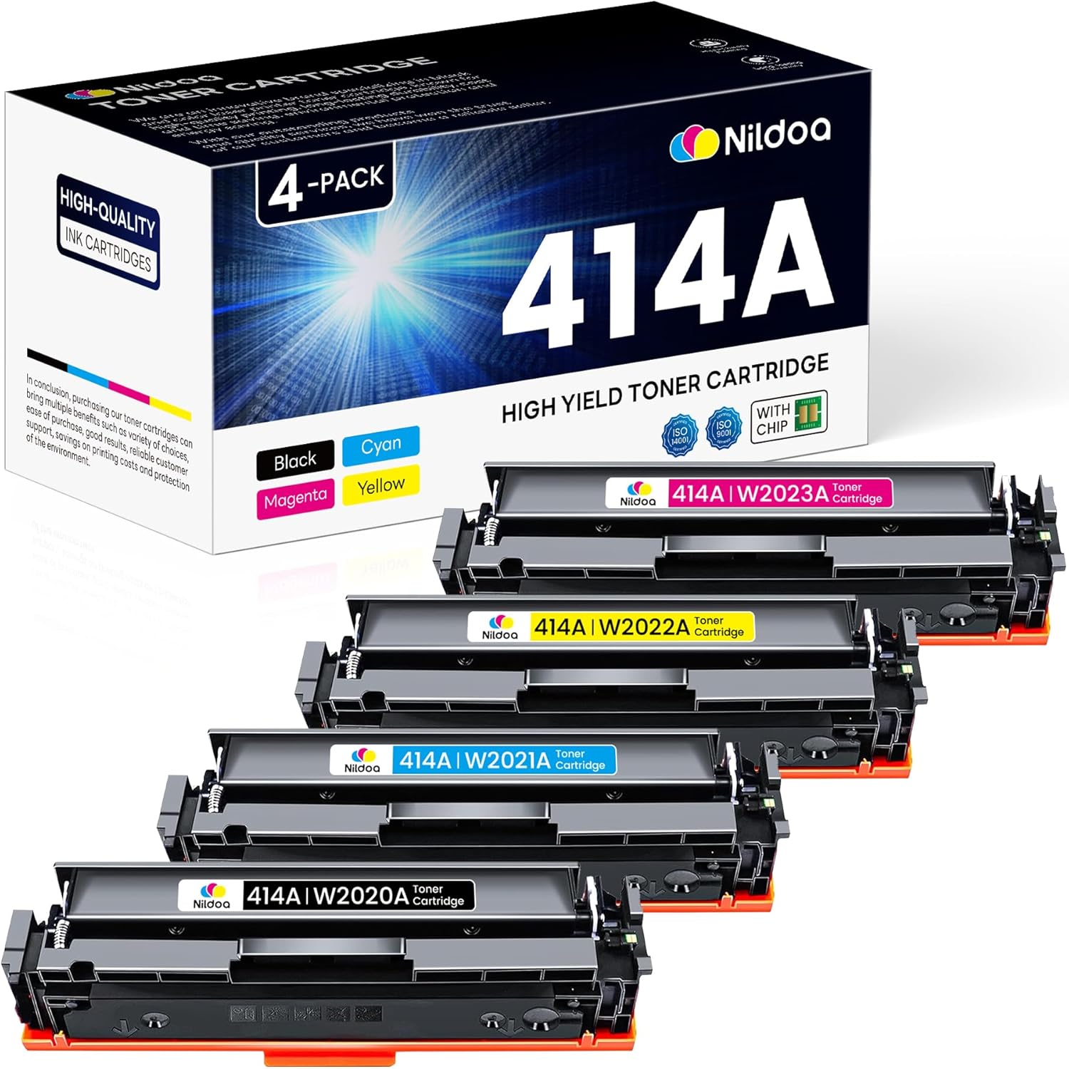414A Toner Cartridges 4 Pack with Chip Replacement for HP 414A Black Cyan Yellow Magenta Color Enterprise M455dn MFP M480f; Color Pro M454dn M454dw MFP M479fdn M479fdw Printer