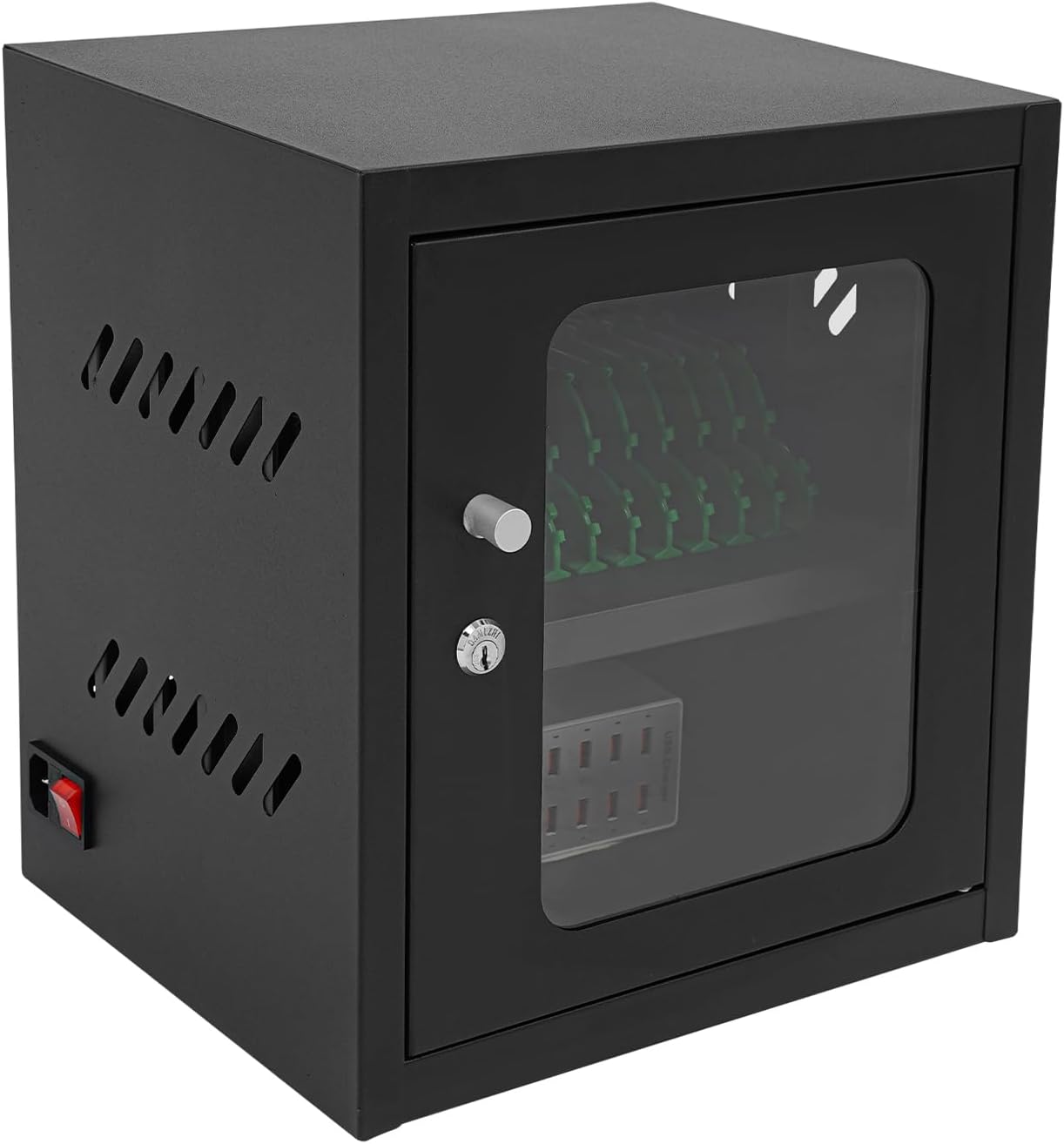 YARDOMGAR 12-Port Mobile Phone Charging Station Cart - Heavy Duty Charging Cabinet for Schools & Offices, Rechargeable Cellphone Locker Storage Lock Tempered Glass Door (12-Port Black)