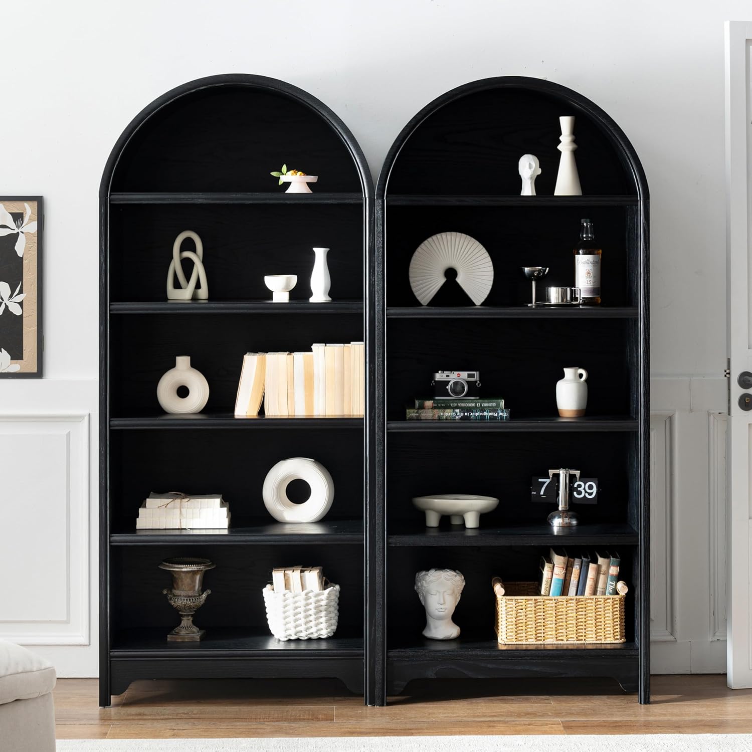 Chogori Solid Wood 5-Tier Bookcase and Bookshelf Set of 2- Natural Wood Veneers& Water Based Paint Finished- 71 Inch Arched Display Storage Cabinet for Living Room, Home, Office (Black)