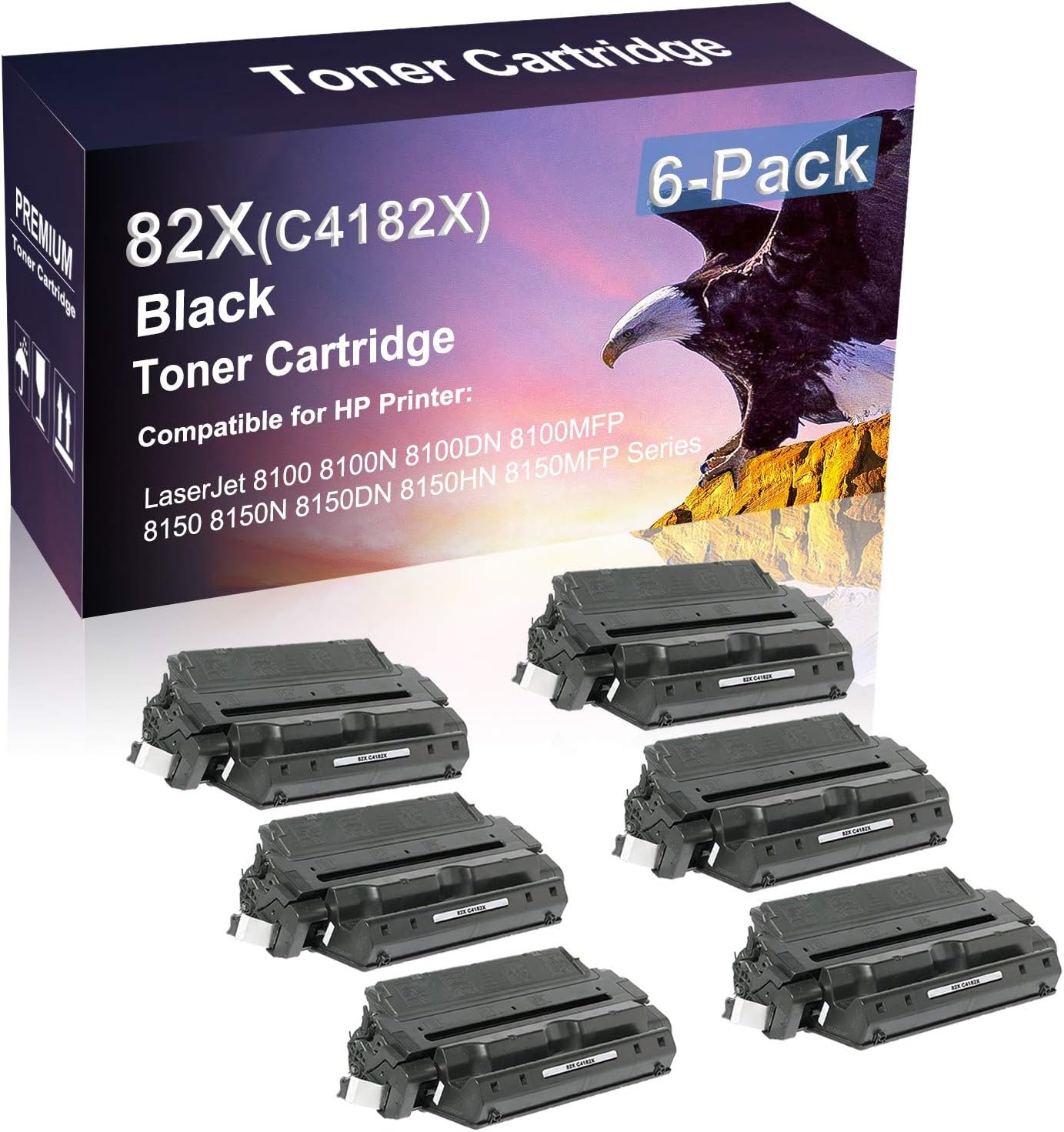 6 Pack Compatible High Capacity 82X | C4182X Black Toner Cartridge use for HP 8150DN 8150HN 8150MFP Printer (Black)