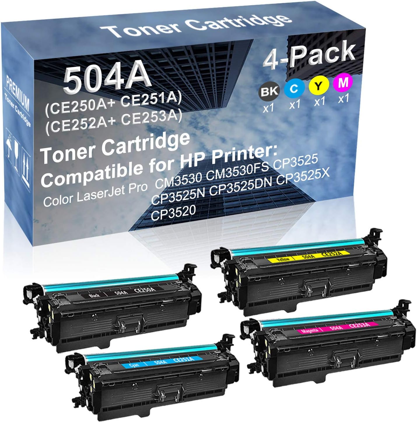 4-Pack (BK+C+Y+M) Compatible CP3525N CP3525DN Printer Toner Cartridge High Capacity Replacement for (CE250A+ CE251A+ CE252A+ CE253A) 504A Toner Cartridge