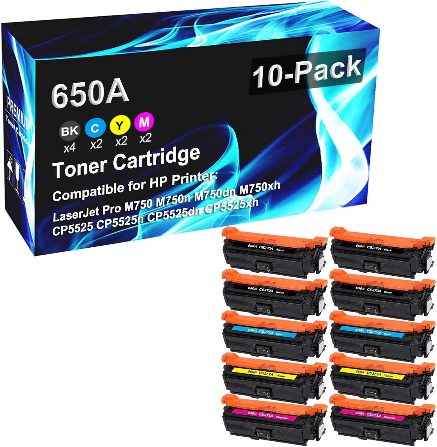 10 Pack (4BK+2C+2Y+2M) Compatible High Yield 650A CE270A CE271A CE272A CE273A Toner Cartridge use for HP M750 M750n M750dn M750xh CP5525 CP5525n CP5525dn CP5525xh Laser Printer Toner Cartridge