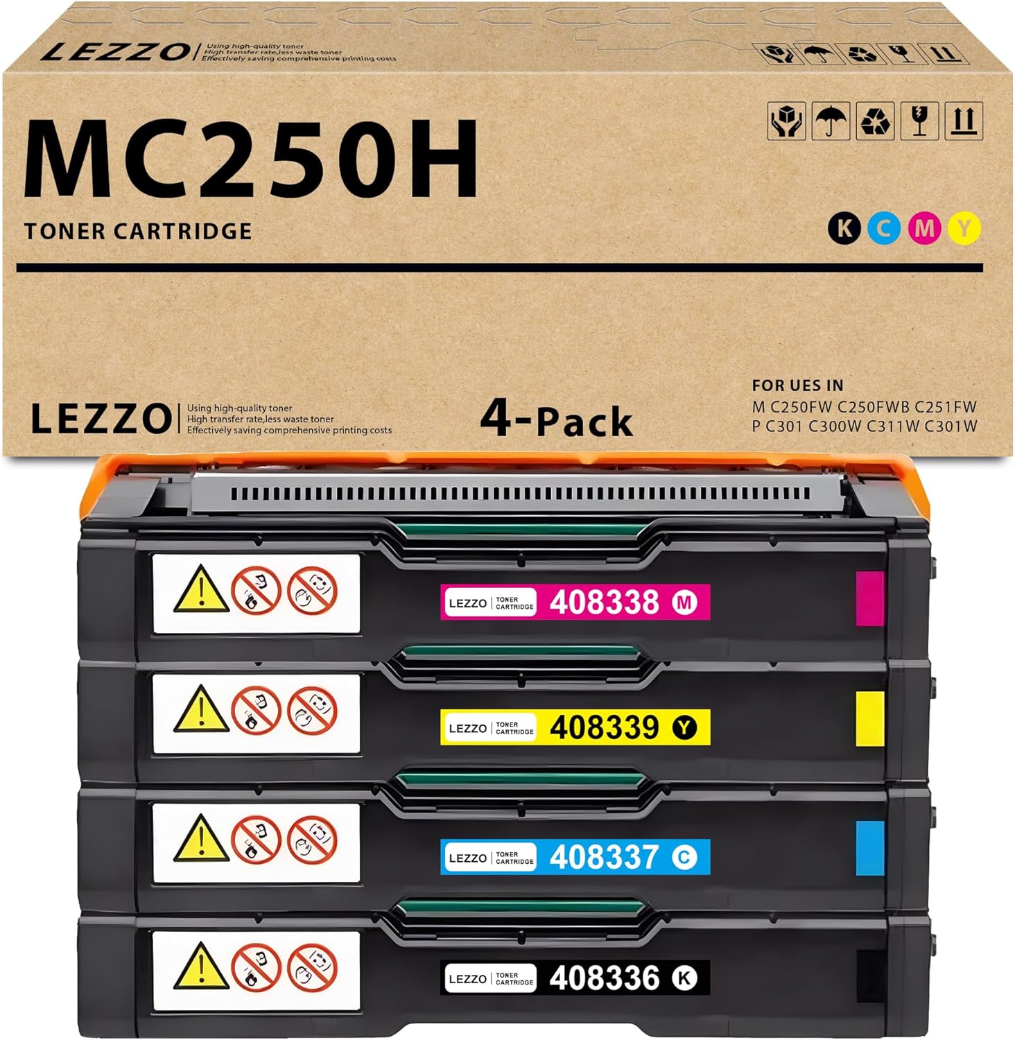 Lezzo M C250H MC250H Toner Cartridge 4-Pack High Capacity 408336 408337 408338 408339 Toner Replacement for Ricoh M C250FW C250FWB C251FW P C301 C300W C311W C301W Printer (BK/C/M/Y)