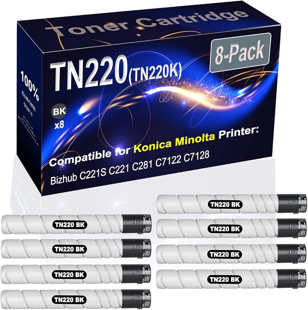8-Pack (Black) Compatible TN220 TN-220 TN220K Printer Toner Cartridge (High Capacity) fit for Konica Minolta Bizhub C221S C221 C281 C7122 C7128 Printer