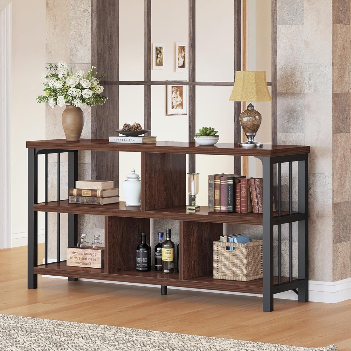 IBF Horizontal Bookshelf, Industrial 5 Cube Storage Organizer Open Shelf, Modern Wide Book Shelf for Bedroom Living Room, Rustic Wood and Metal Low Short Bookcase for Home Office, Walnut Oak, 47 Inch