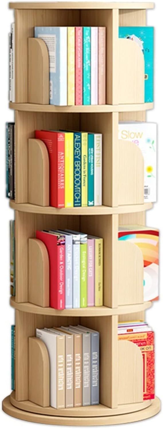 Bookcases 360° Rotating Bookshelf Solid Wood Floor Shelf Home Book Storage Rack Simple Installation (Wood 4 Layers (49 * 128cm))