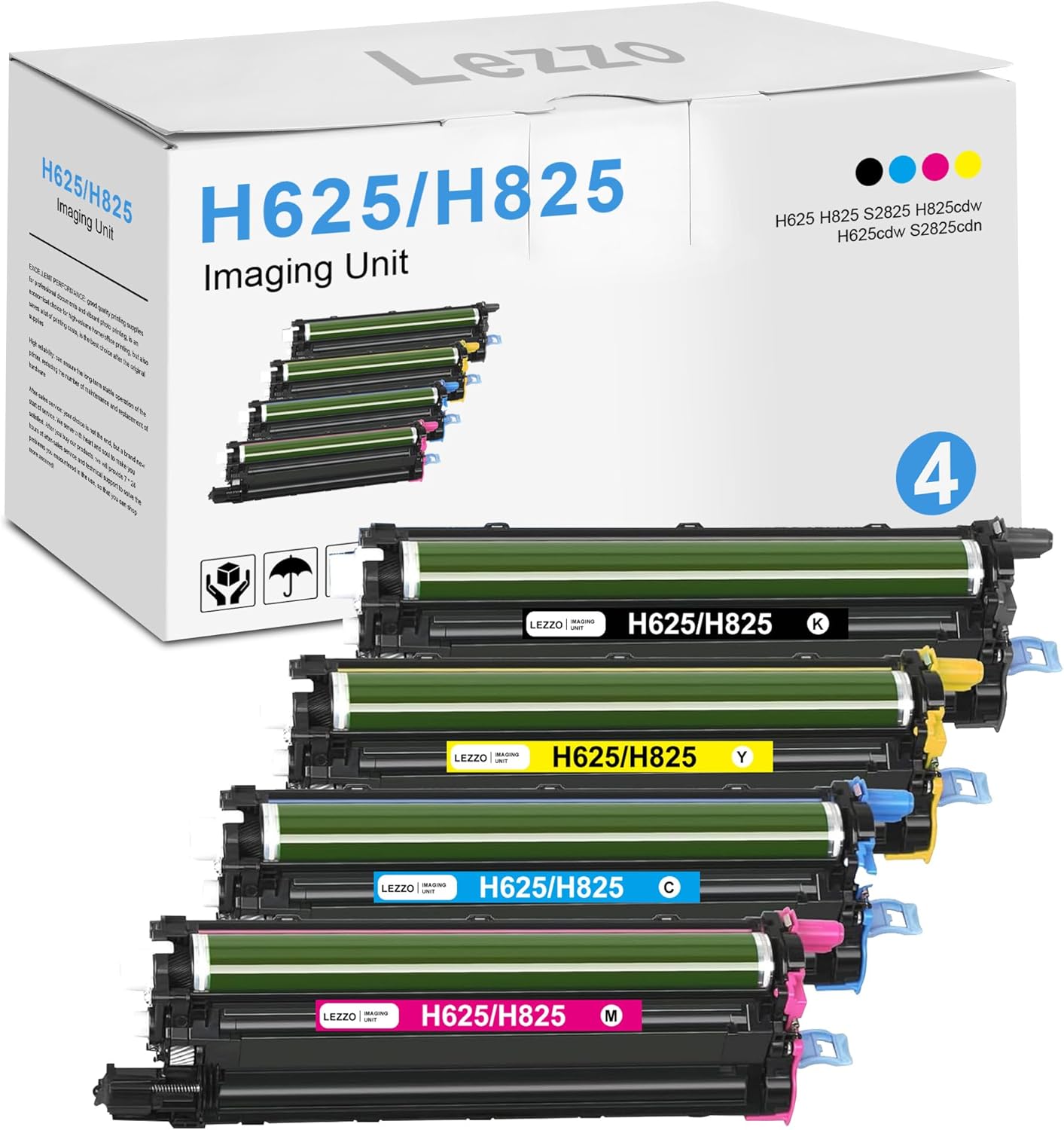 Lezzo H625 H825 S2825 Drum Unit 4-Pack Replacement for Dell MJN86 CD7Y3 D20NH 16C0Y Drum Cartridge for H625cdw H825cdw S2825cdn Printer (Black Cyan Yellow Magenta)