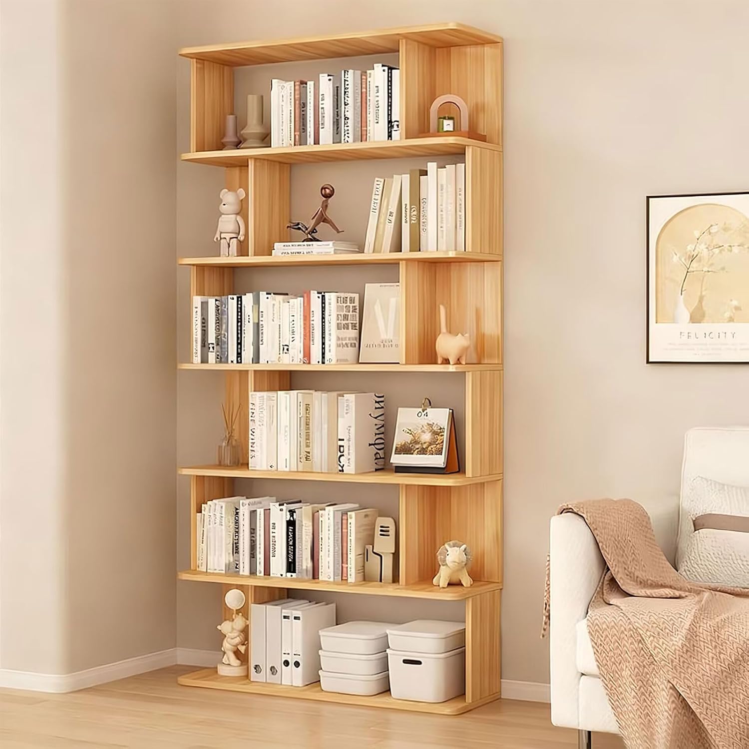 YKLYTBD 6-Tier Walnut Wooden Geometric Bookshelf, 75.1