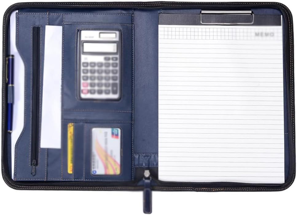 EWUROI A4 Zipper File Bag with Calculator Leather Folder Exhibition Brochure Briefcase