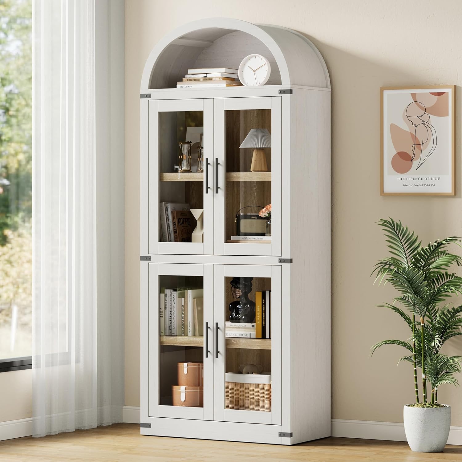 GarveeHome Arched Bookshelf with Doors Farmhouse Bookcase 15.83 in Depth Display Storage Shelves 71.4 in Tall Wooden Display Cabinet Rounded Bookcases for Living Room, Kitchen, Office (White)