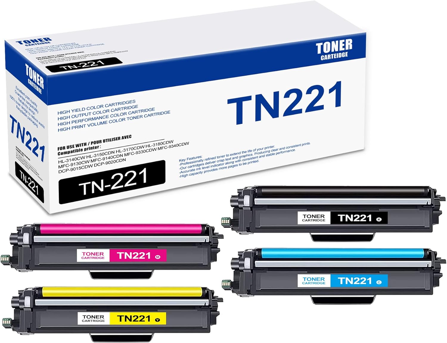 4 Pack TN221 BK/C/M/Y Toner Cartridge, Compatible for Brother TN221 TN-221 Toner Replacement for HL-3140CW 3150CDN 3170CDW 3180CDW MFC-9130CW 9140CDN 9330CDW 9340CDW DCP-9015CDW 9020CDN Printer