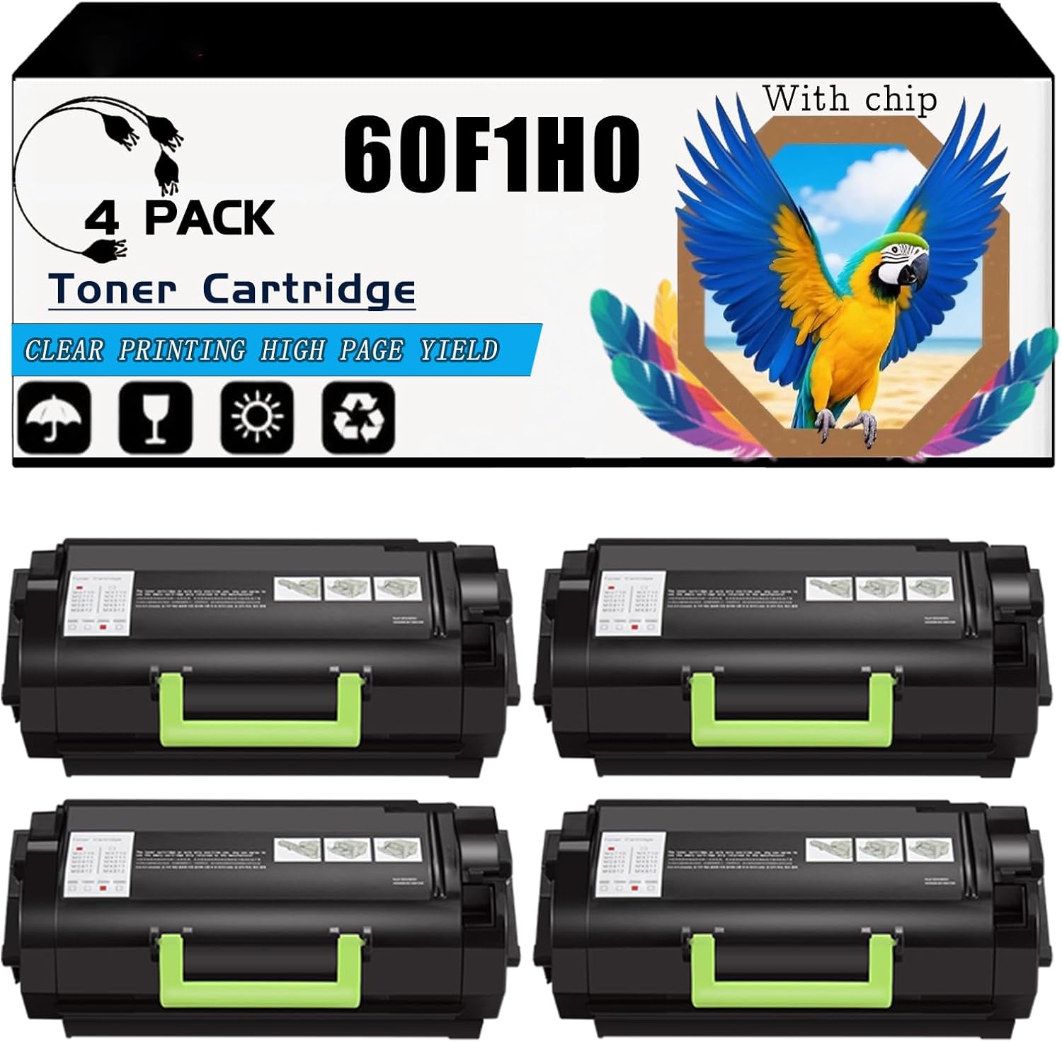 Compatible for Lexmark MX310dn MX410de MX510de MX510dte MX511de MX511dhe Printers, 60F1H00 601H Toner Cartridge, High-Yield 10000 Pages, Strong Print Clarity (4 Pack Black)