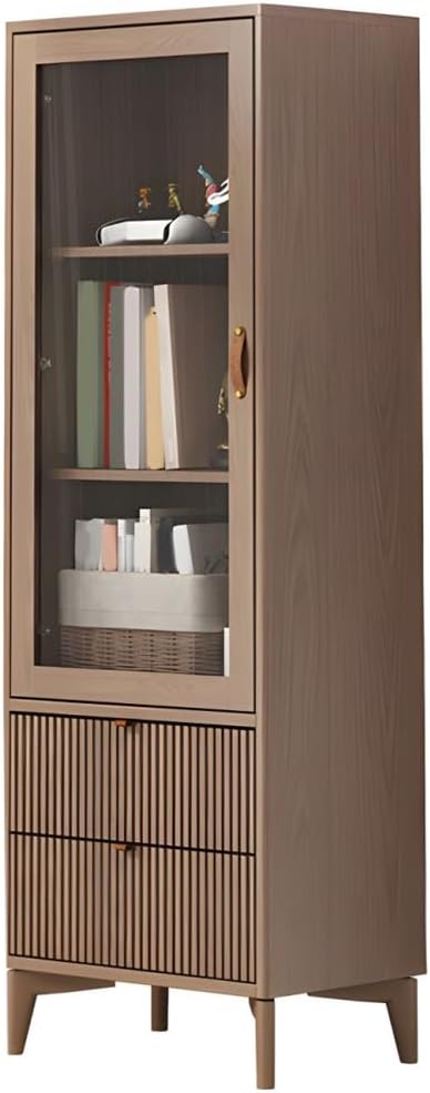 LITFAD Wooden Bookcase with Glass Door Freestanding Dustproof Bookshelf with Storage Drawers for Home Office Stylish Book Storage Display Cabinet for Living Room, Bedroom, Study Room-Walnut