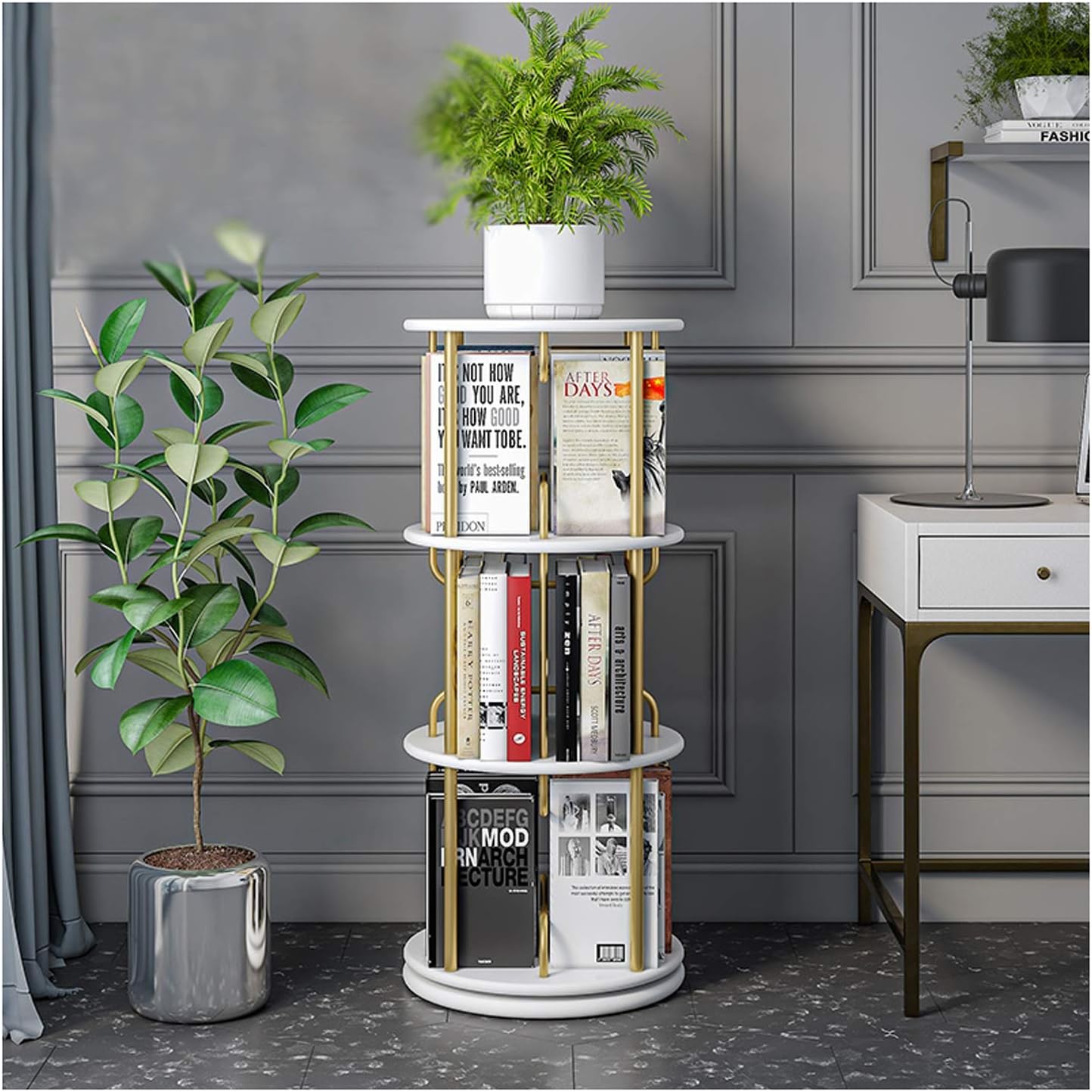 HIHELO Book Case Creative Revolving Bookcase Wood Partitions and Golden Metal Tubes Book Shelf Simple Floor-to-Ceiling Round Bookcase，Save Space Bookshelves (Color : Gold, Size : 3-Shelf)