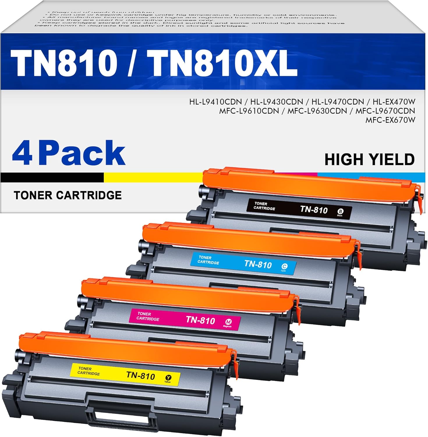 TN810 TN810XL Toner Cartridges 4 Pack High Yield Compatible Replacement for Brother TN810 TN-810 TN810XL TN-810XL for MFC-L9610CDN HL-L9410CDN HL-L9430CDN HL-L9470CDN MFC-L9630CDN Printer (BCMY)