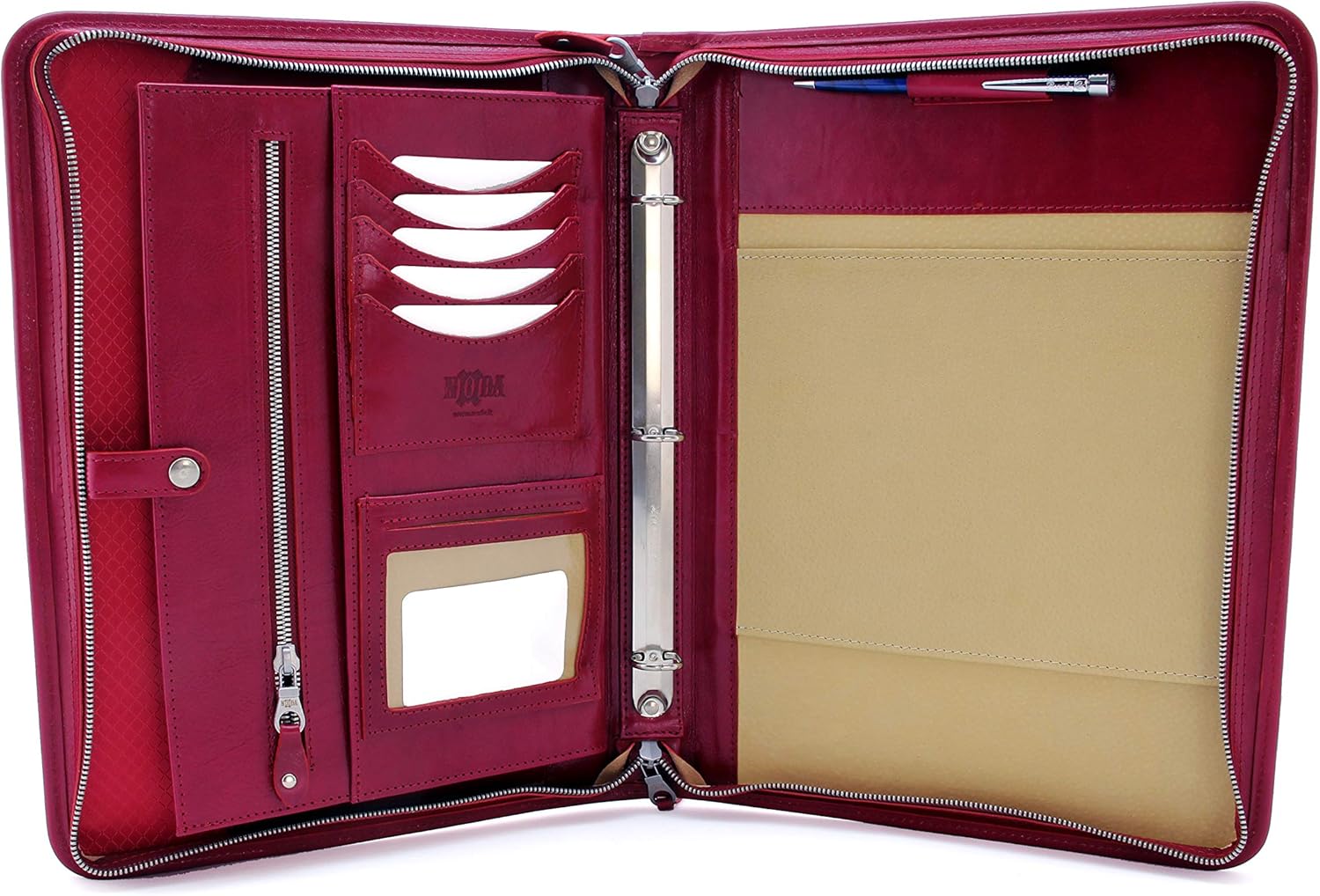 Noda Executive Leather Padfolio 3 Ring Binder Professional Business Portfolio w/Zippered Closure | Resume, Document, Notepad, Tablet, Writing Pad Organizer | Men, Women with Handle (red)