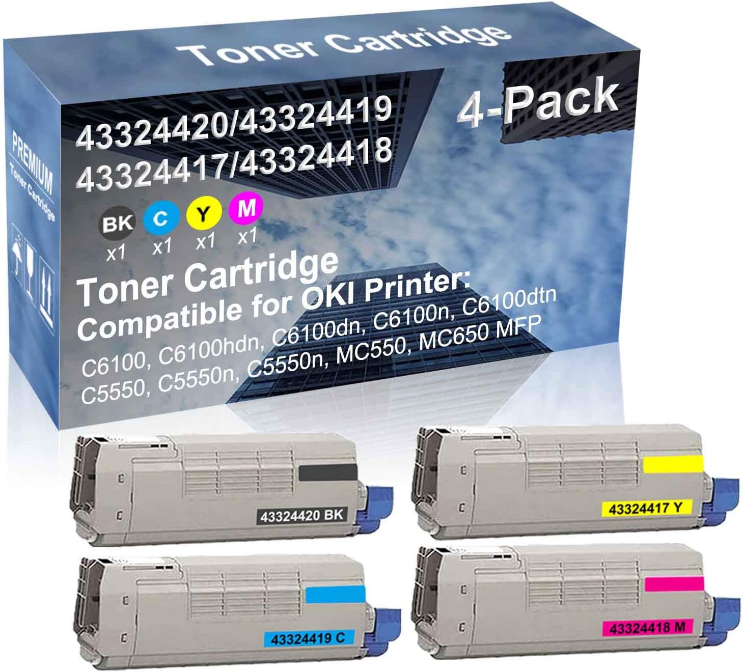 4-Pack (BK+C+Y+M) Compatible High Yield (43324420+ 43324419+ 43324417+ 43324418) Laser Printer Toner Cartridge Used for C5550n, MC550, MC650 MFP Printer
