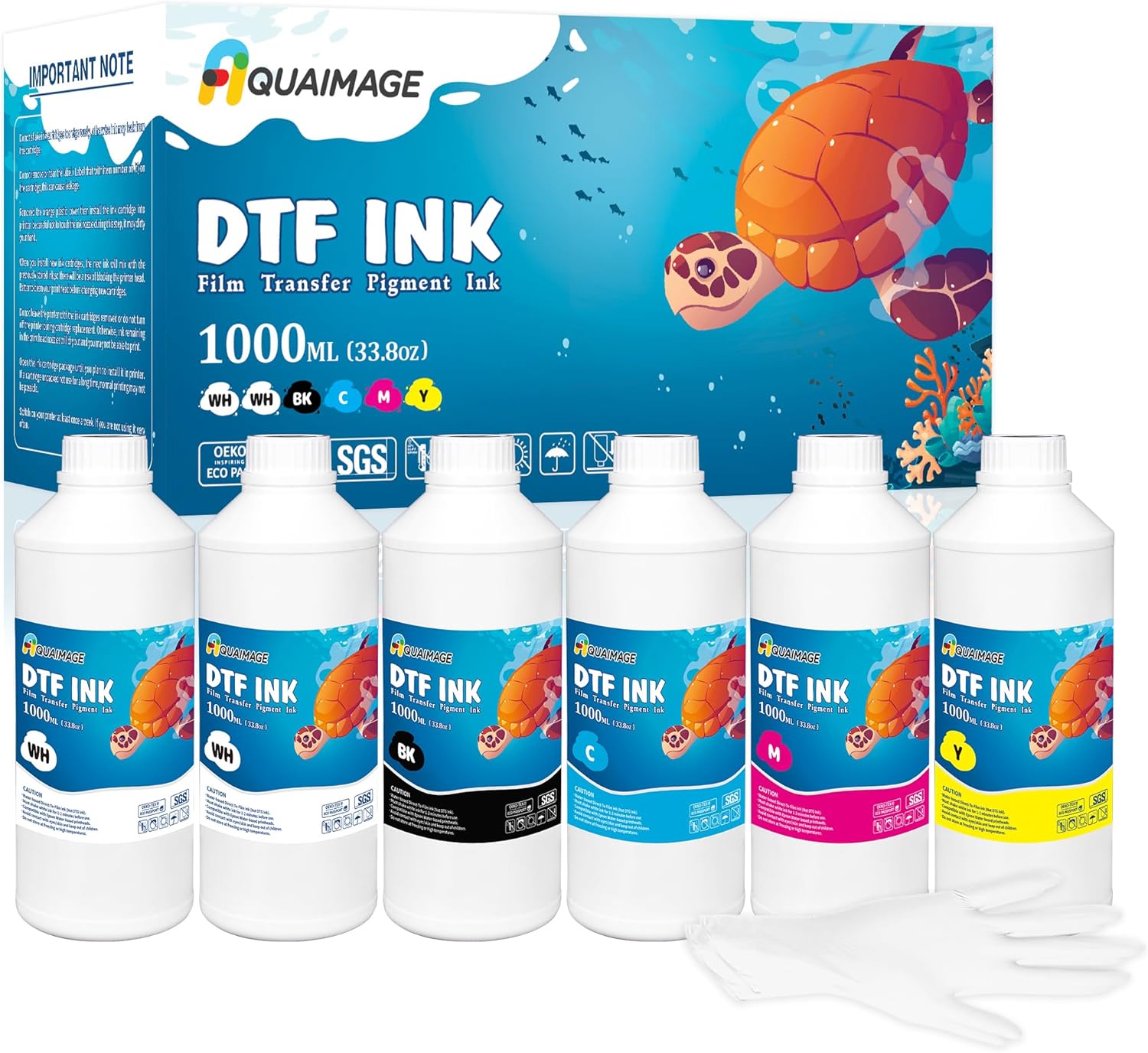 Aquaimage Premium DTF Ink 6000 ml, DTF Transfer Ink for PET Film, Refill Ink for printheads ET-8550, XP-15000, XP600, I3200, L1800, Direct to Film Heat Transfer Printing, 1000ml x 6 (2W+BKCMY)