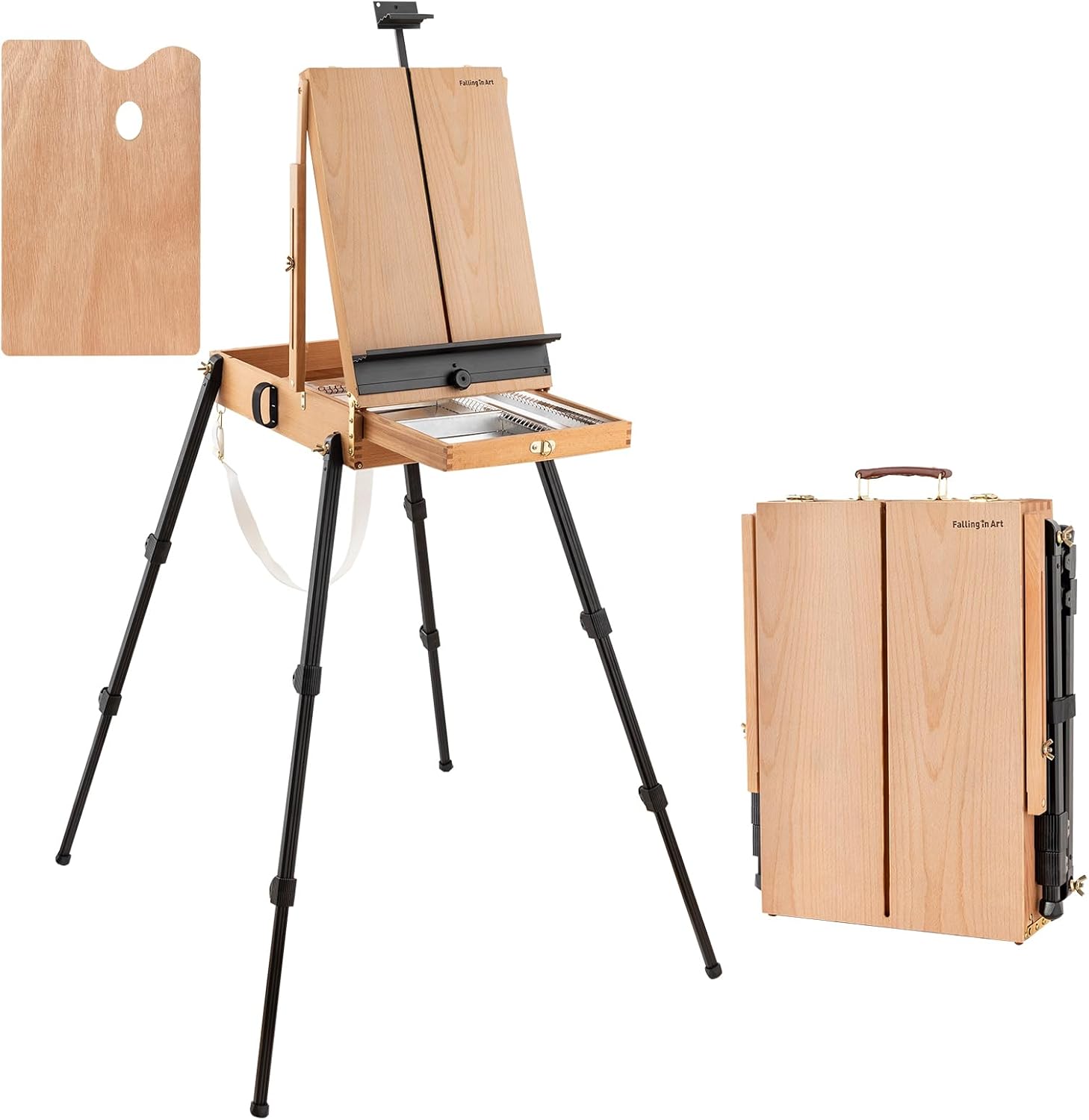 Falling in Art 4 Legs Beechwood French Easel - Portable Plein Air Studio Easel Stand with Bigger Storage Drawer, Full Size Sketchbox Travel Easel for Painting, Drawing, Artwork Display, Natural