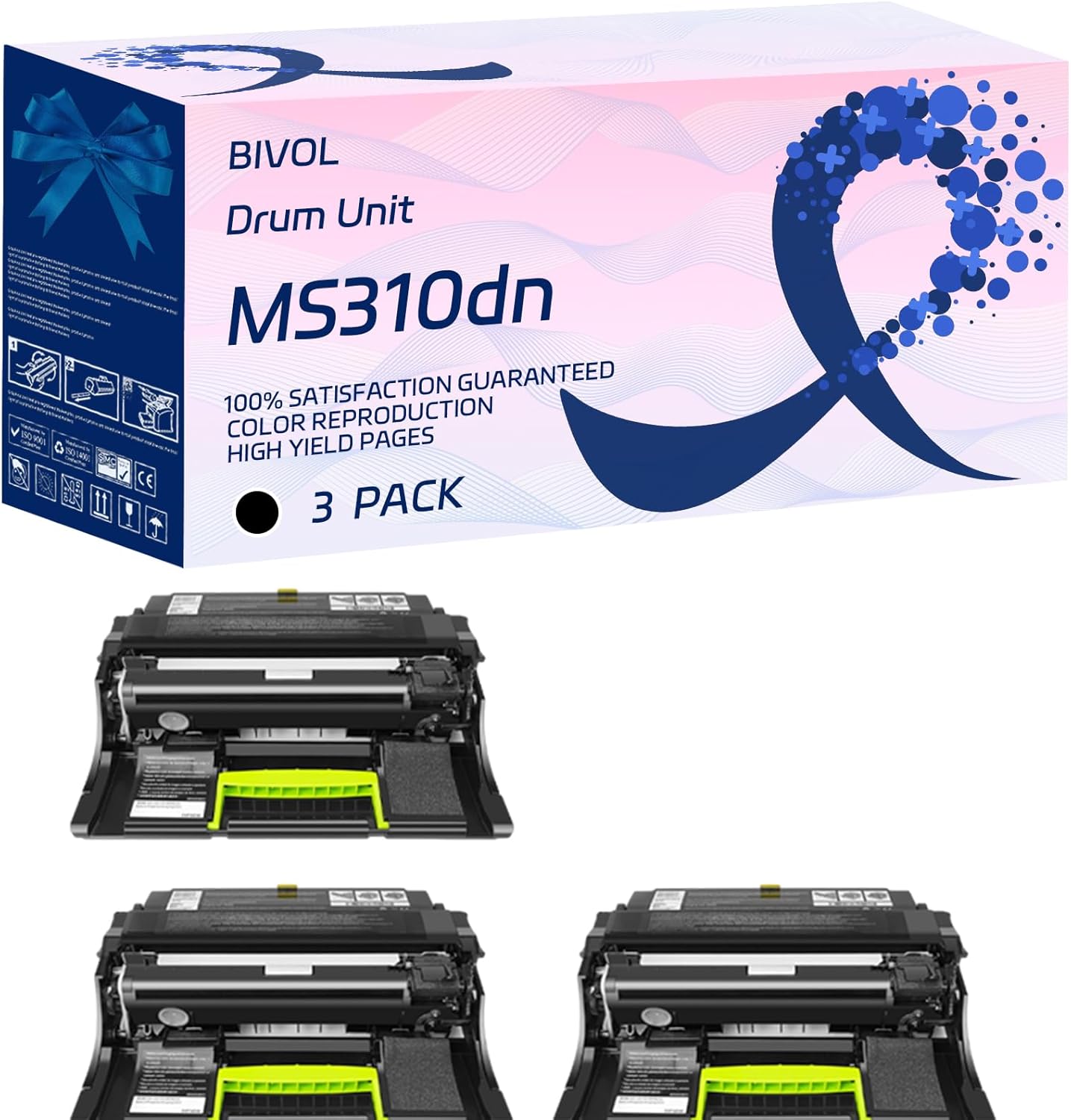 BIVOL MS310dn Drum Unit Compatible for Lexmark MS310d MS310dn MX310dn MS410dn MS415dn MX410de MX417de MS510dn Printers, with Chip, High Yield 60000 Pages, Vivid Colors (3 Pack Black)