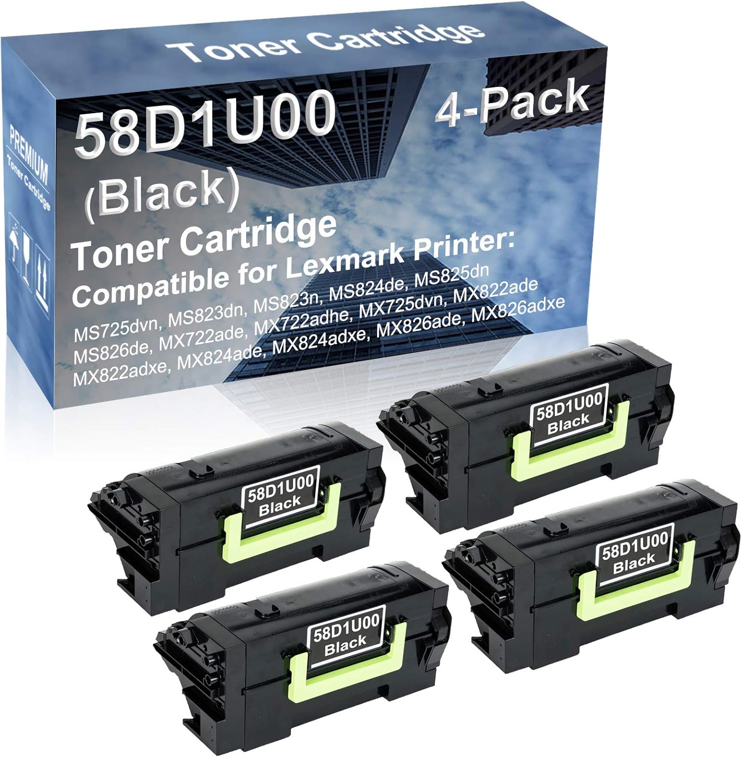 4-Pack Compatible High Capacity 58D1U00 Toner Cartridge use for MS725dvn MS823dn MS823n MS824de MS825dn Printer (Black)