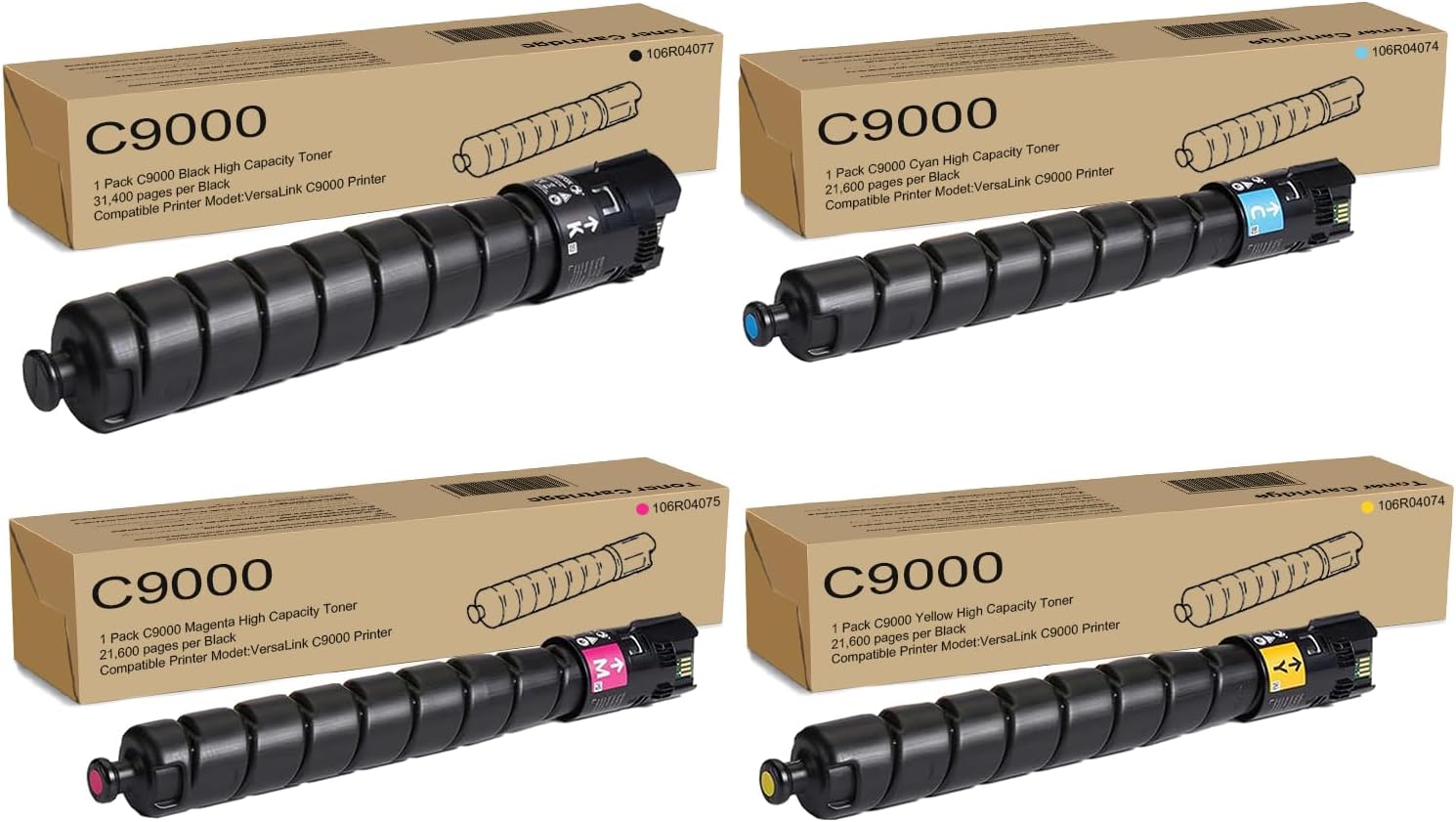 Extra High Yield Compatible Xerox Versalink C9000 Toner Cartridge for Xerox Versalink C9000 Printer-106R04074 106R04075 106R04076 106R04077 (Black 31,400 and Colors 21,600 Pages)