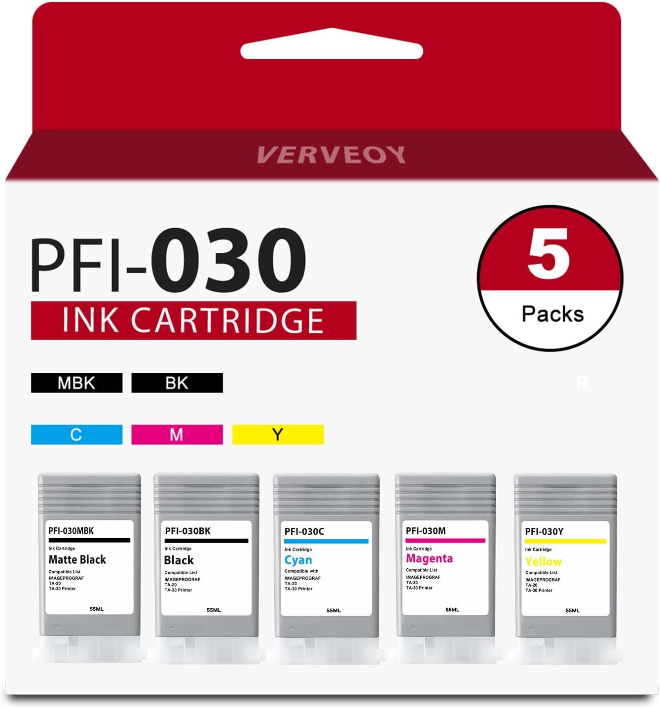 PFI-030 Pigment Ink Tank Kit Compatible for Canon PFI-030 Ink Cartridge PFI-030MBK PFI-030BK PFI-030C PFI-030M PFI-030Y Select for imagePROGRAF TA-20 TA-30 TM-240 TM-340 Printer Ink Tank (5 Pack)