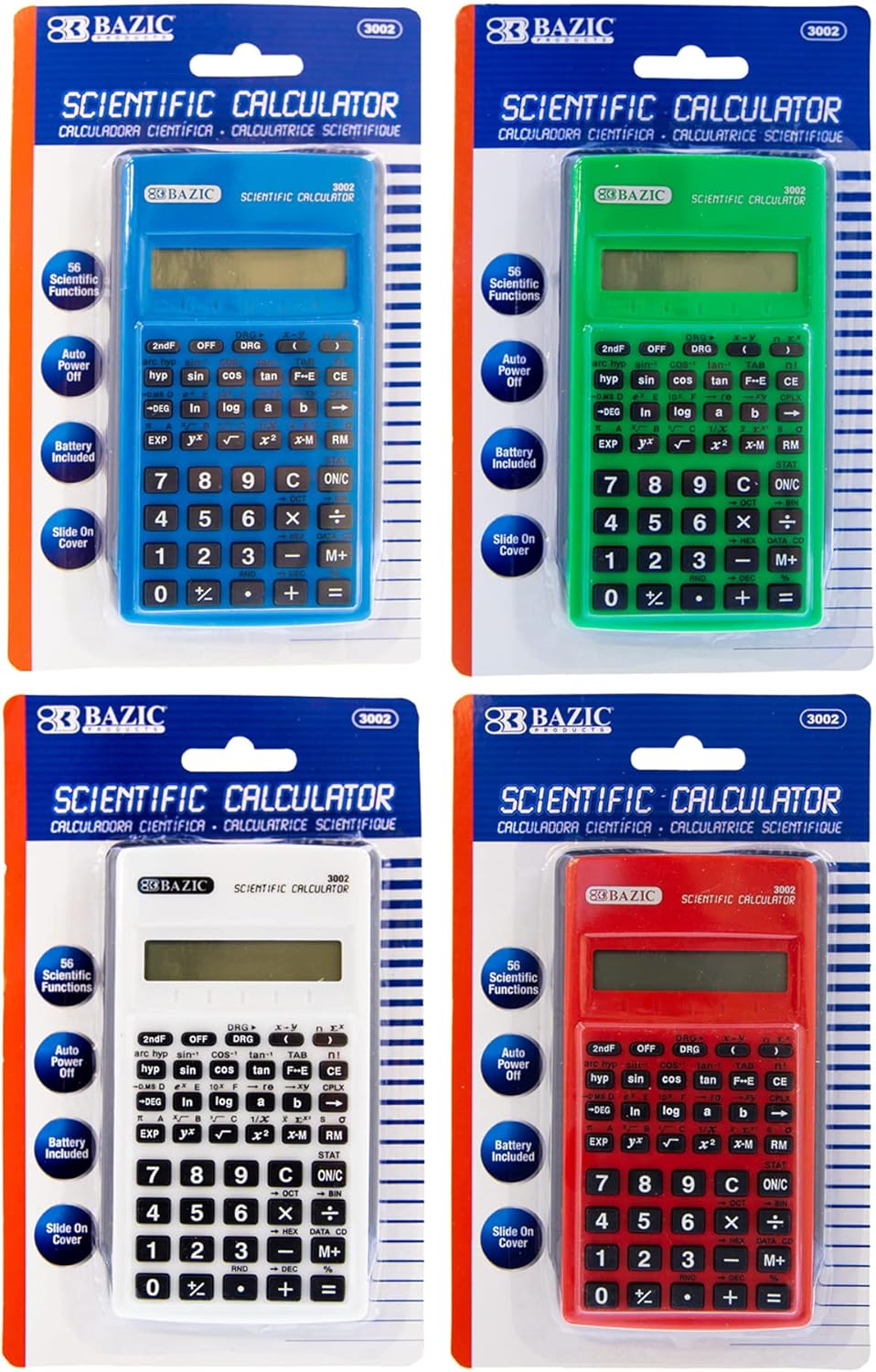 BAZIC 56 Function Scientific Calculator with Slide-On Case, Case of 144, Assorted Colors (3002-144)